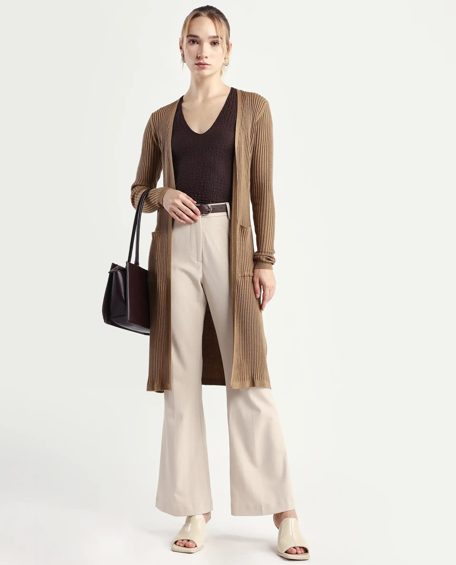 Rareism Women's Joji Dark Beige Acrylic Collarless Regular Fit Plain Shrug
