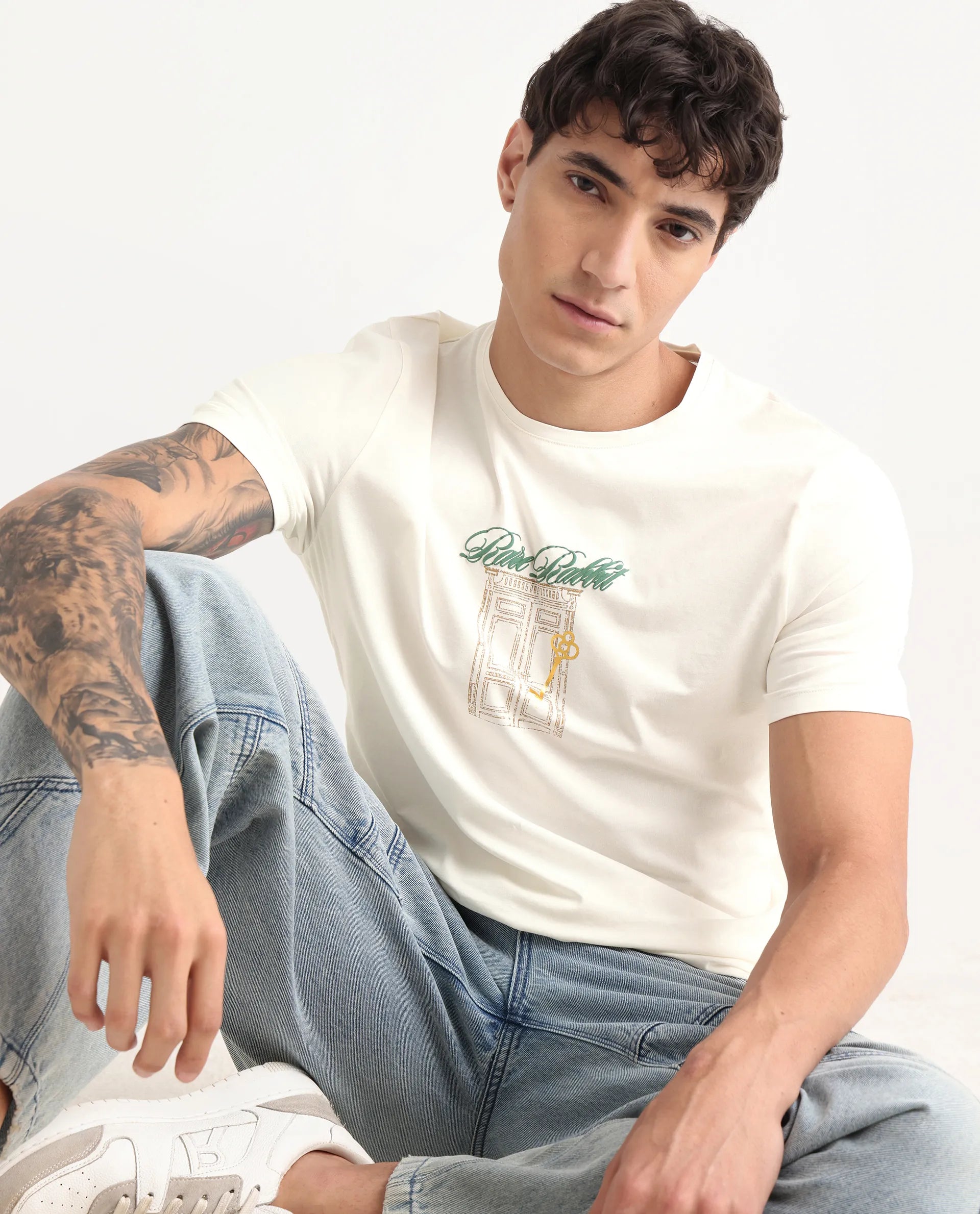 Rare Rabbit Men's Jojo Off White Cotton Blend Fabric Crew Neck Regular Fit Graphic Print T-Shirt