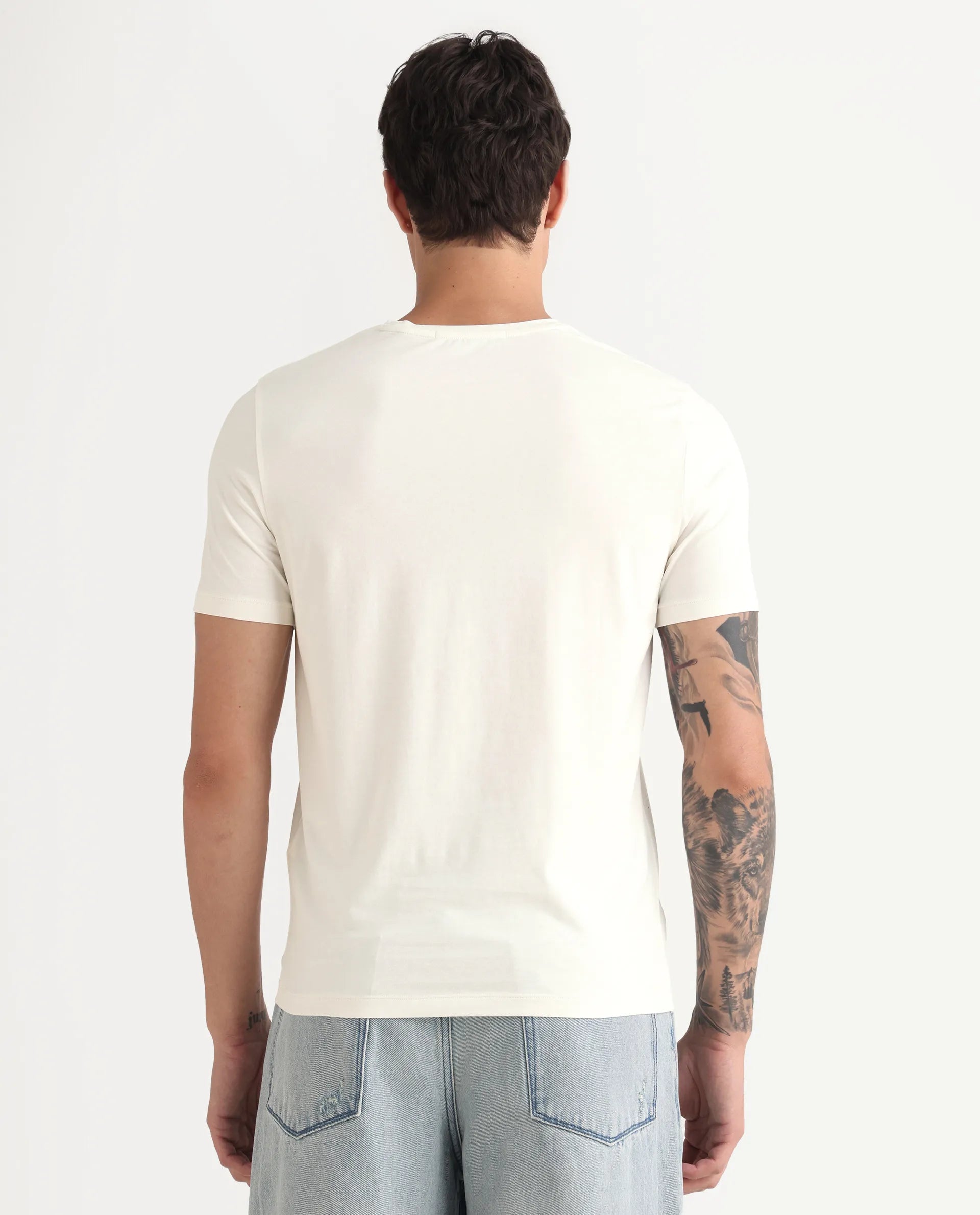 Rare Rabbit Men's Jojo Off White Cotton Blend Fabric Crew Neck Regular Fit Graphic Print T-Shirt