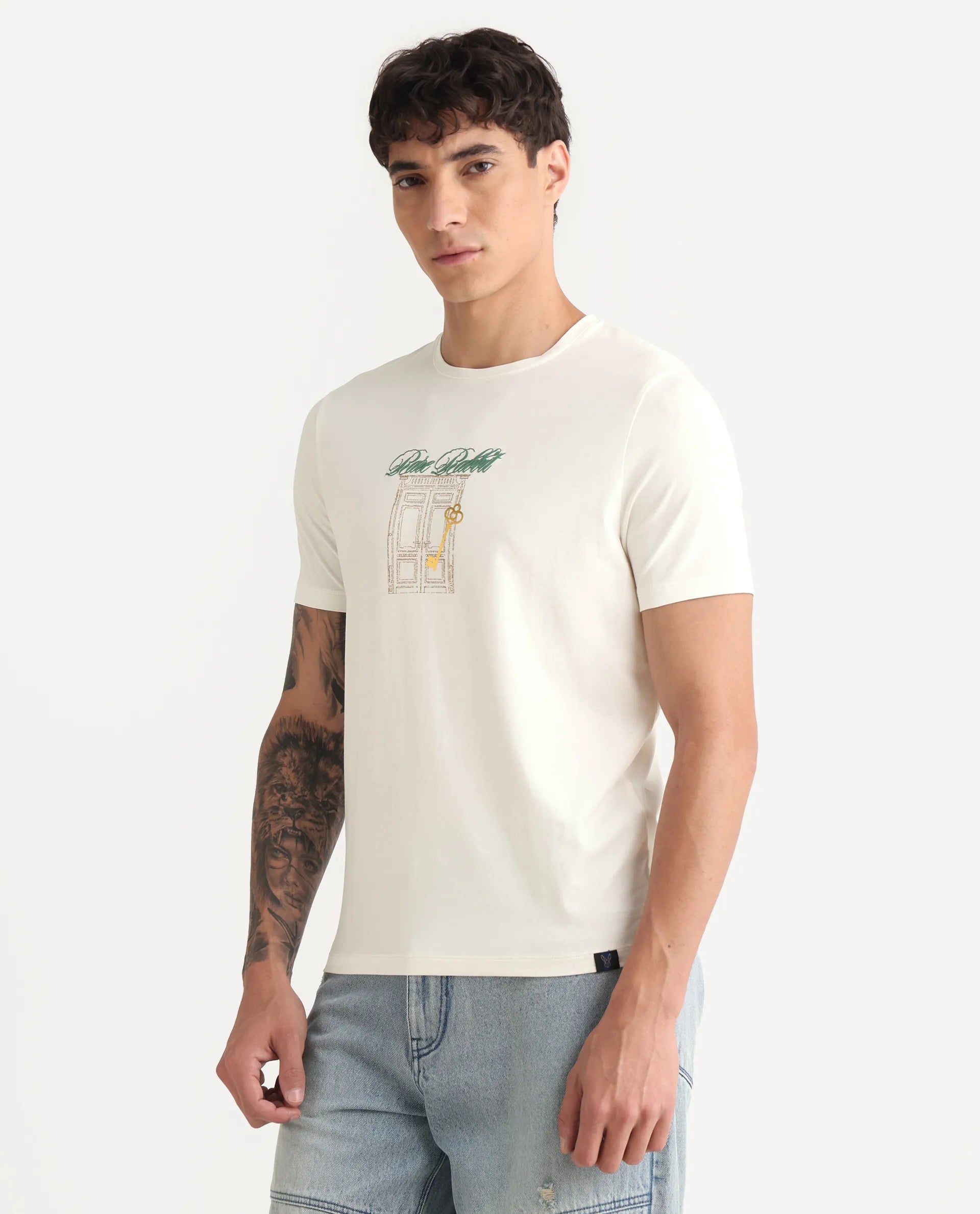 Rare Rabbit Men's Jojo Off White Cotton Blend Fabric Crew Neck Regular Fit Graphic Print T-Shirt
