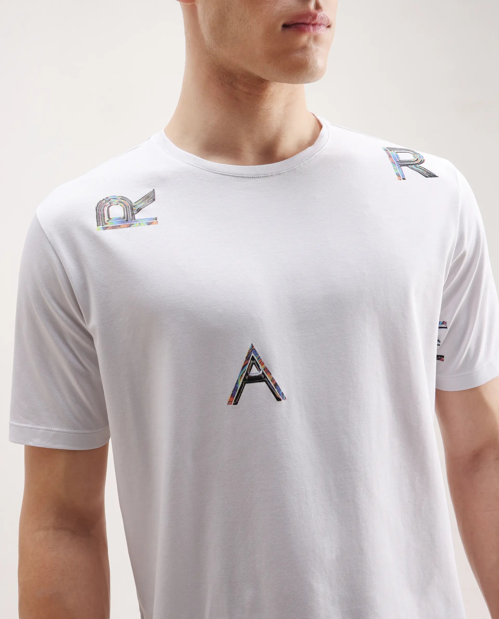 Rare Rabbit Men's Jolt White Cotton Blend Graphic Print Regular Fit Half Sleeve Crew Neck T-Shirt