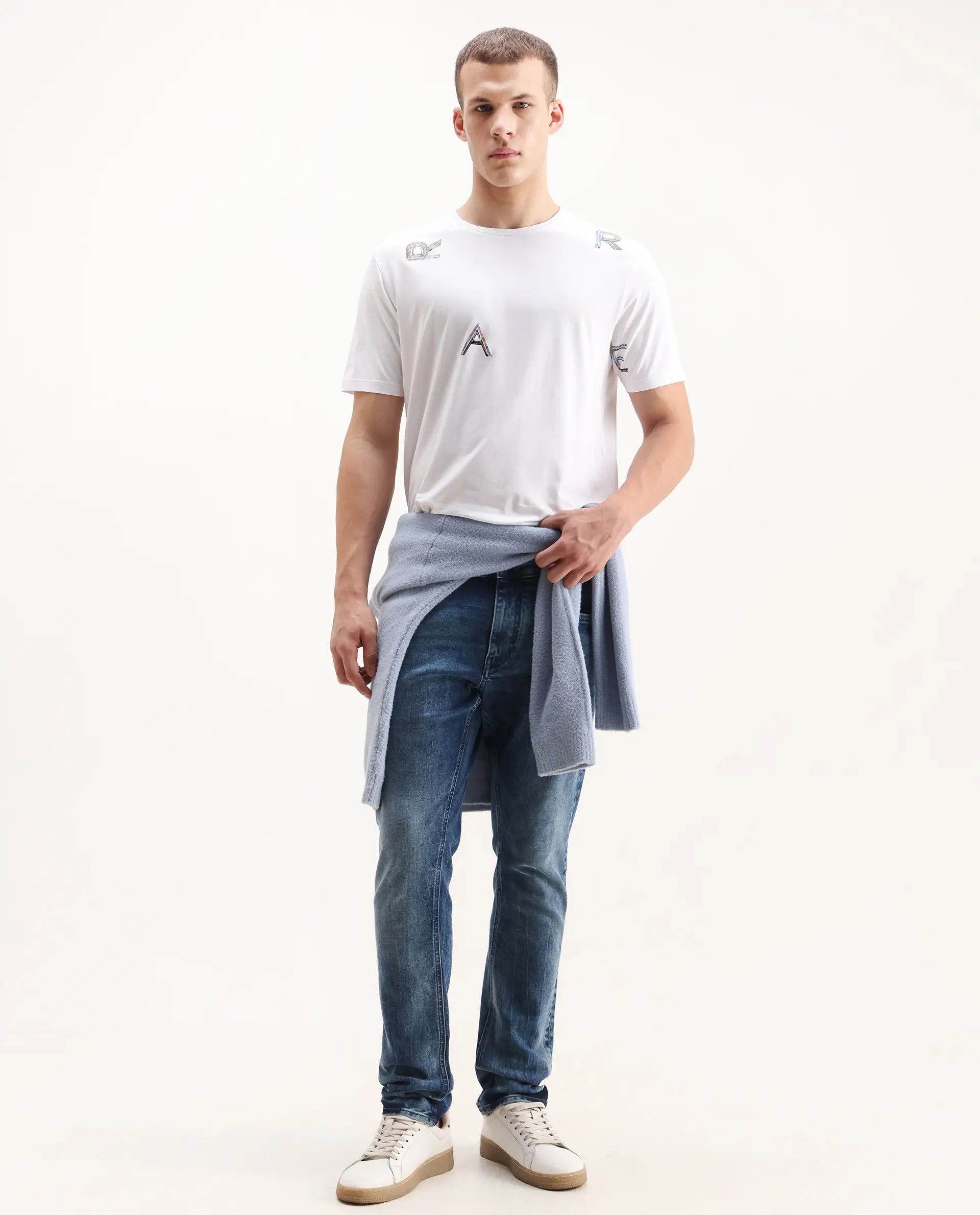 Rare Rabbit Men's Jolt White Cotton Blend Graphic Print Regular Fit Half Sleeve Crew Neck T-Shirt