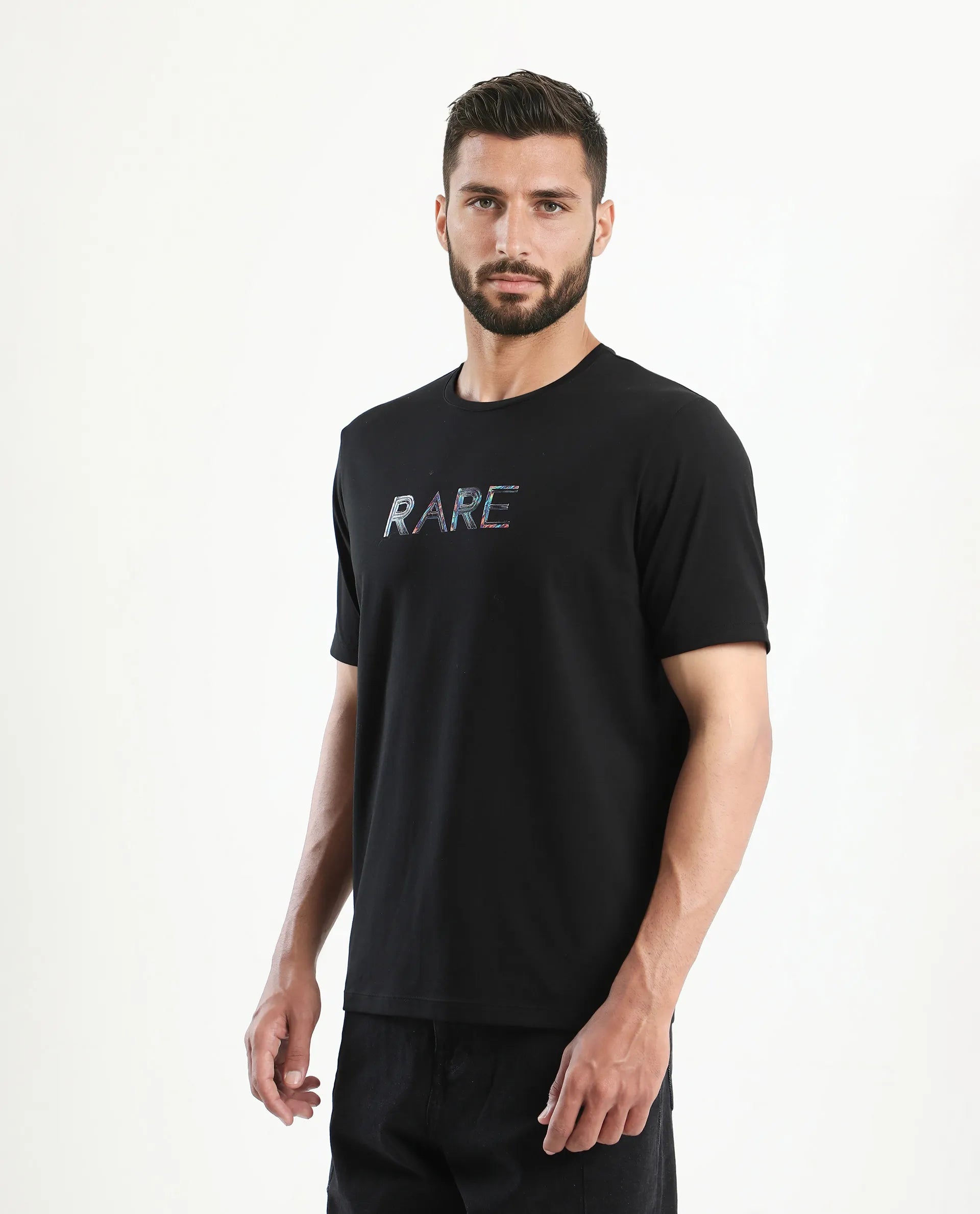 Rare Rabbit Men's Jolt Black Cotton Blend Graphic Print Regular Fit Half Sleeve Crew Neck T-Shirt