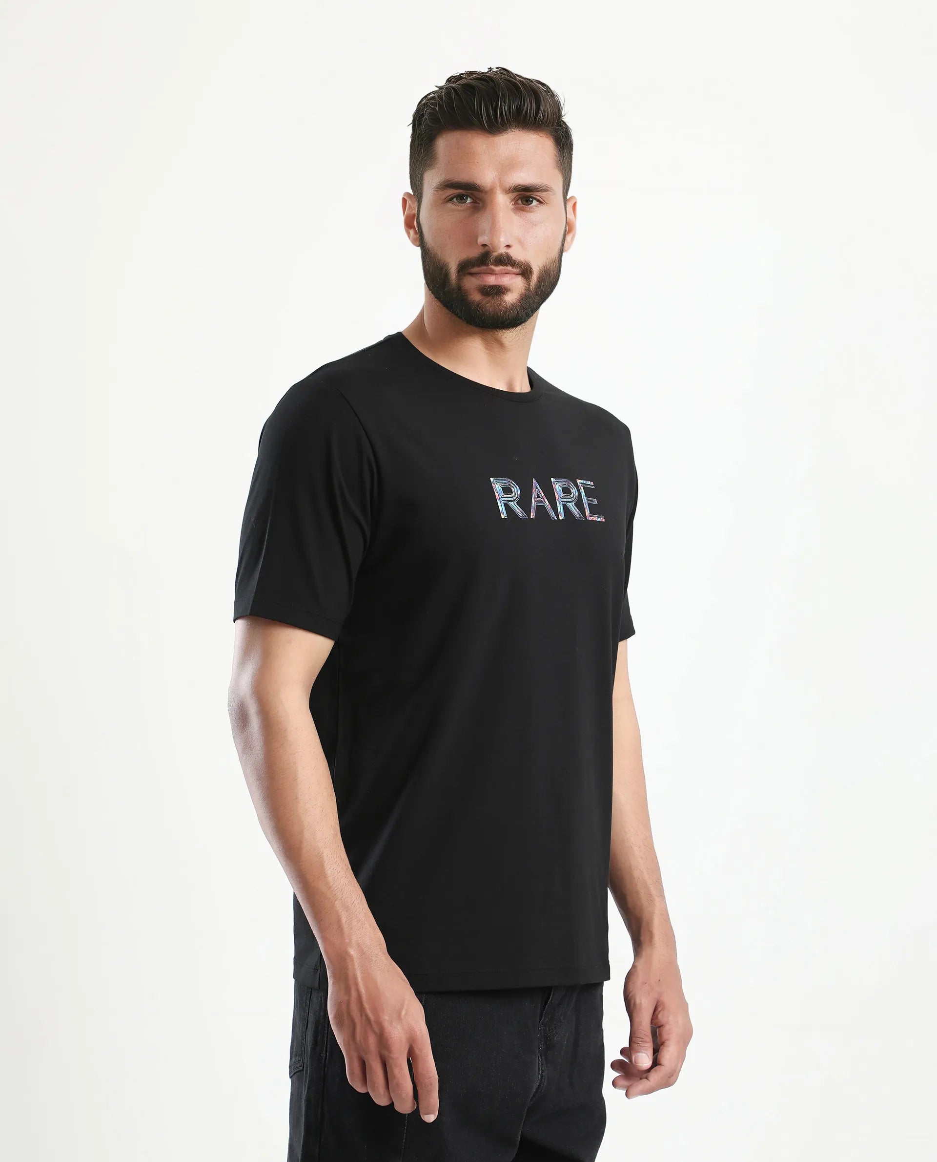 Rare Rabbit Men's Jolt Black Cotton Blend Graphic Print Regular Fit Half Sleeve Crew Neck T-Shirt