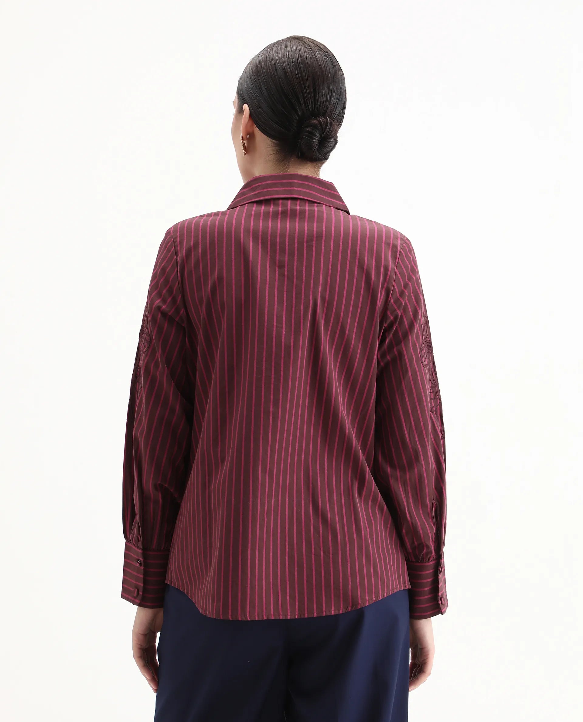 Rareism Women's Jolvo Maroon Cotton Drop Collar Striped Bishop Sleeve Regular Fit Shirt
