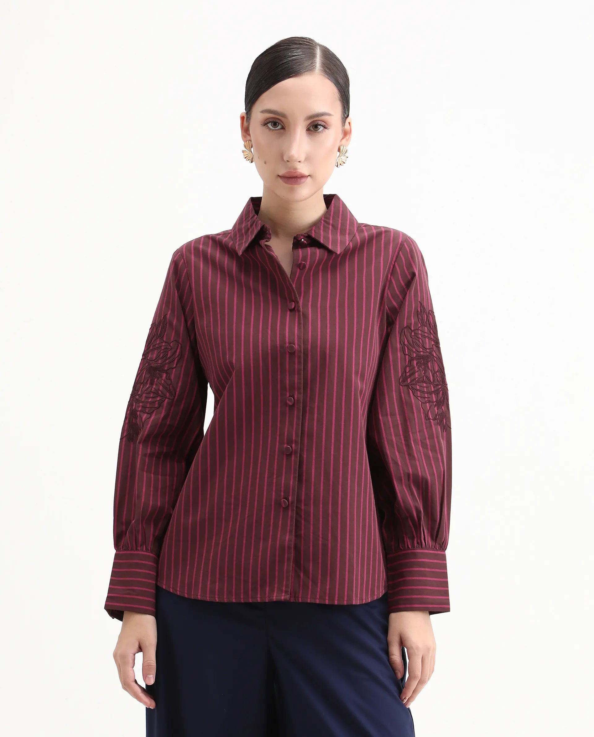 Rareism Women's Jolvo Maroon Cotton Drop Collar Striped Bishop Sleeve Regular Fit Shirt