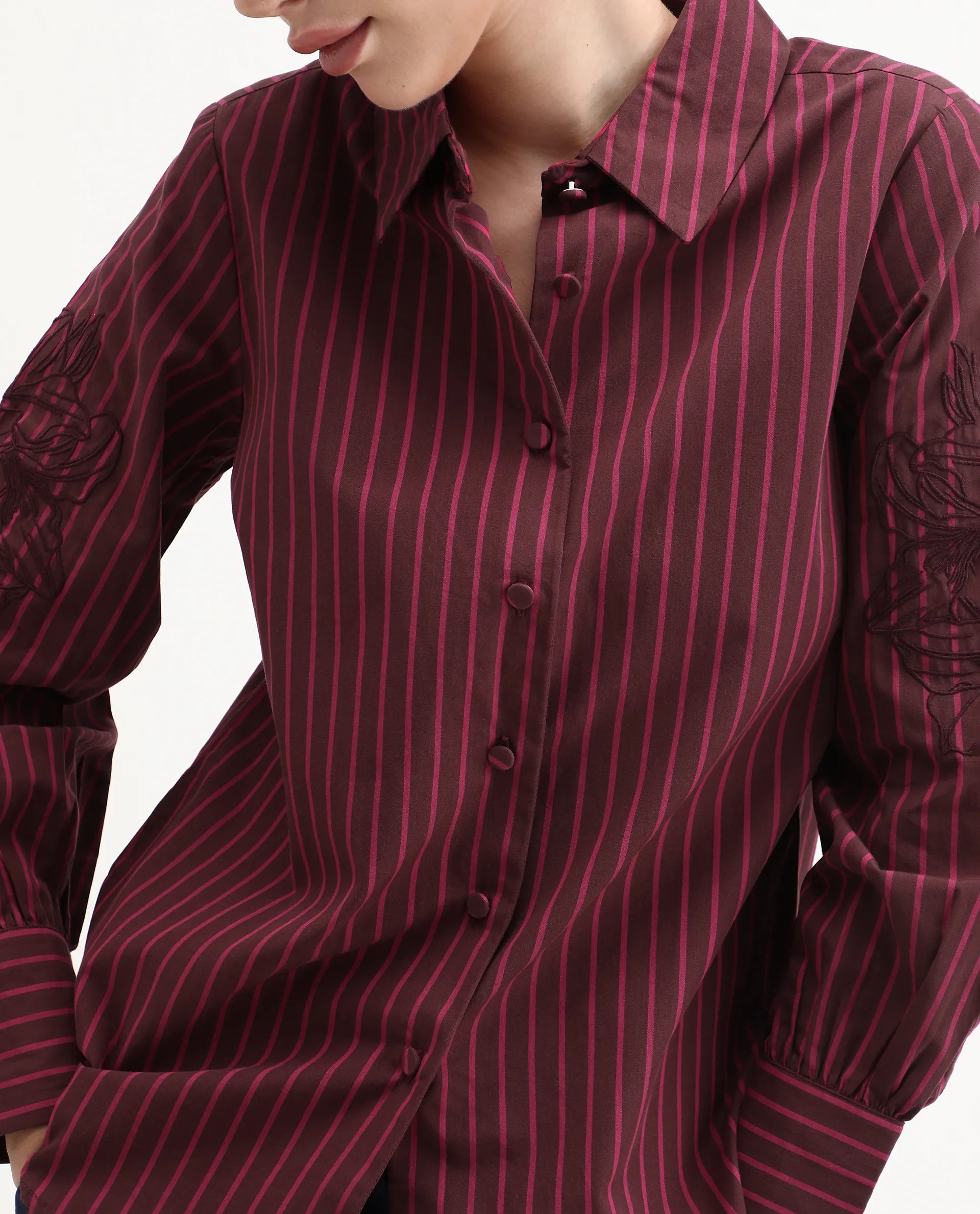 Rareism Women's Jolvo Maroon Cotton Drop Collar Striped Bishop Sleeve Regular Fit Shirt