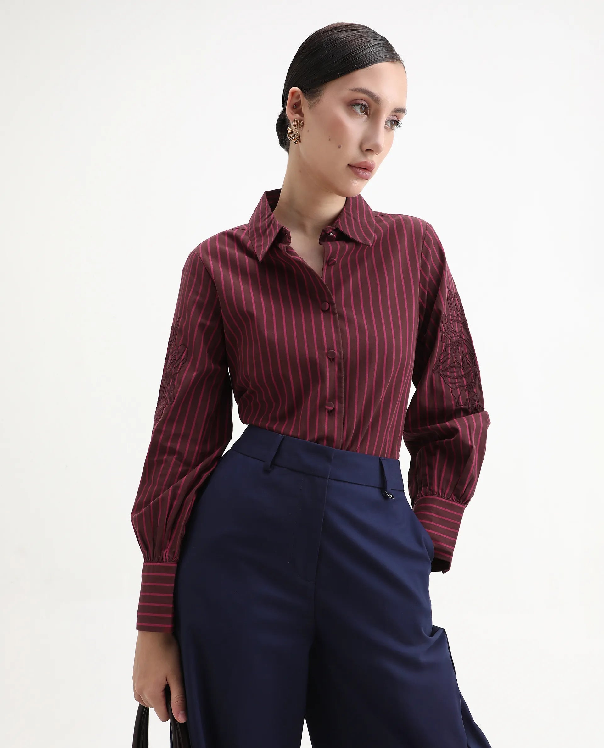 Rareism Women's Jolvo Maroon Cotton Drop Collar Striped Bishop Sleeve Regular Fit Shirt