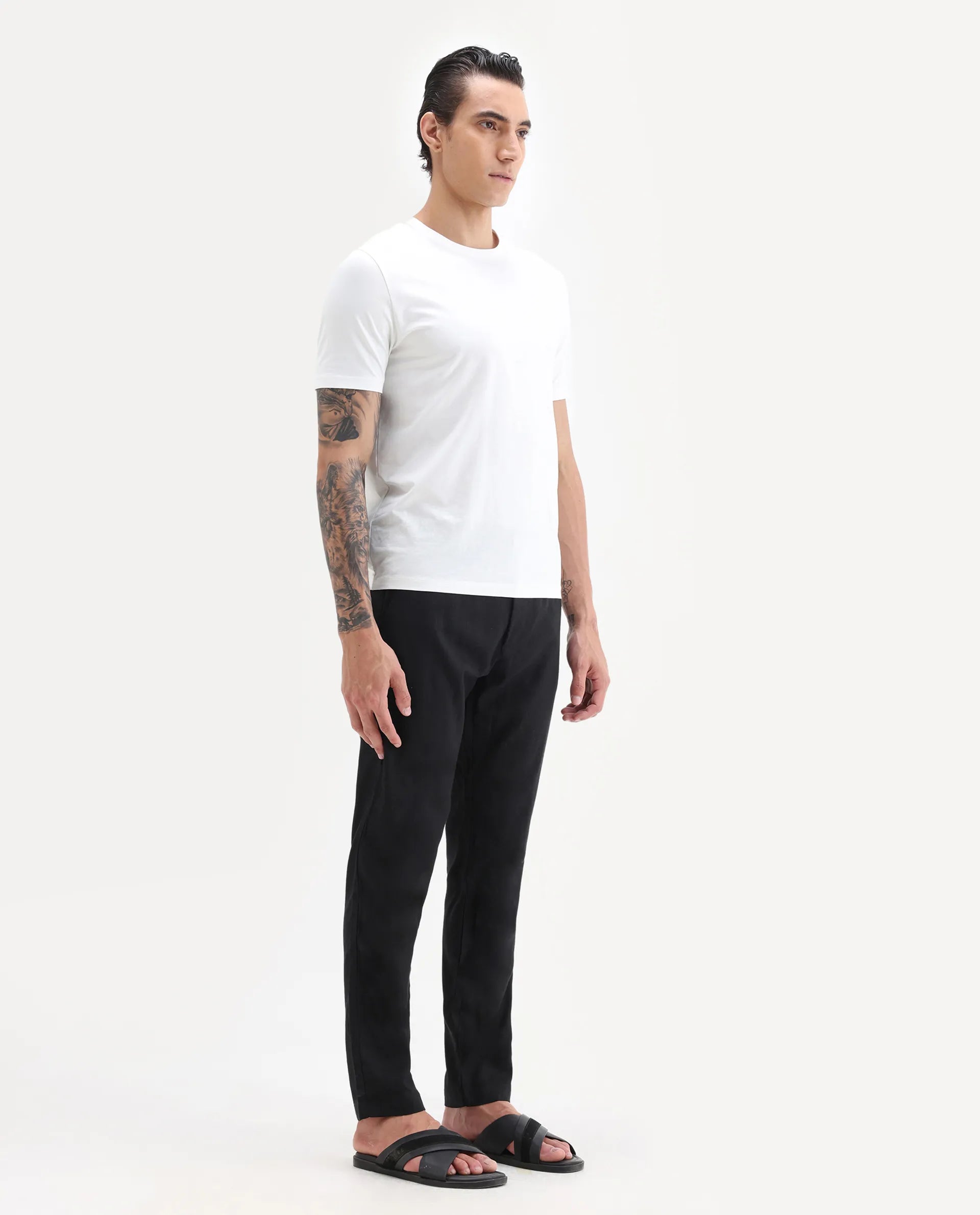 Rare Rabbit Men's Jomo-B Black Linen Blend Plain Regular Fit Trouser