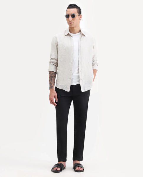 Rare Rabbit Men's Jomo-B Black Linen Blend Plain Regular Fit Trouser