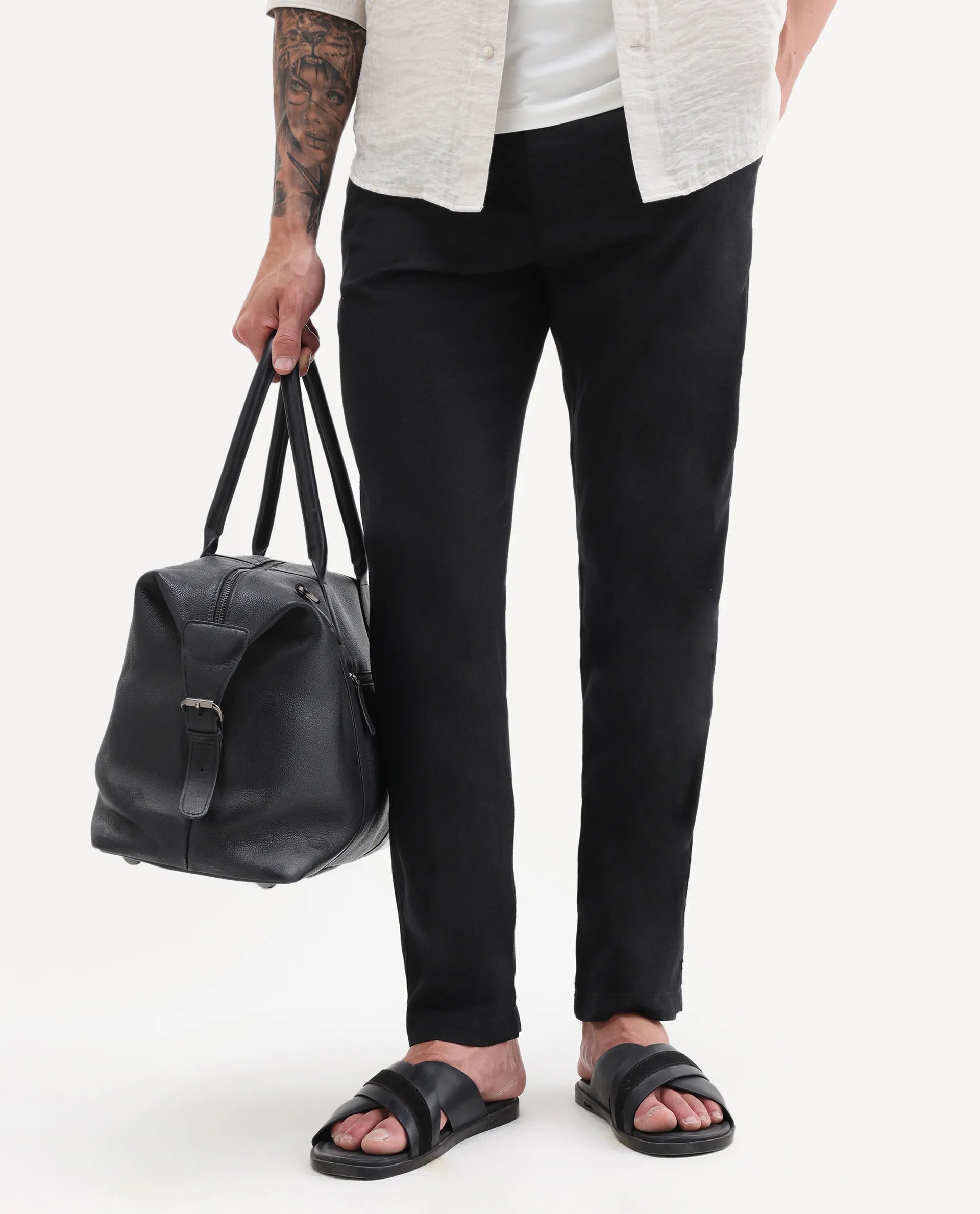 Rare Rabbit Men's Jomo-B Black Linen Blend Plain Regular Fit Trouser