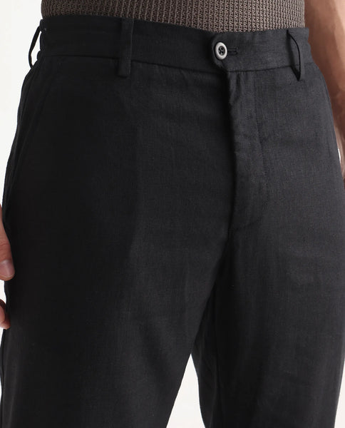 Rare Rabbit Men's Jomo-B Black Linen Blend Plain Regular Fit Trouser