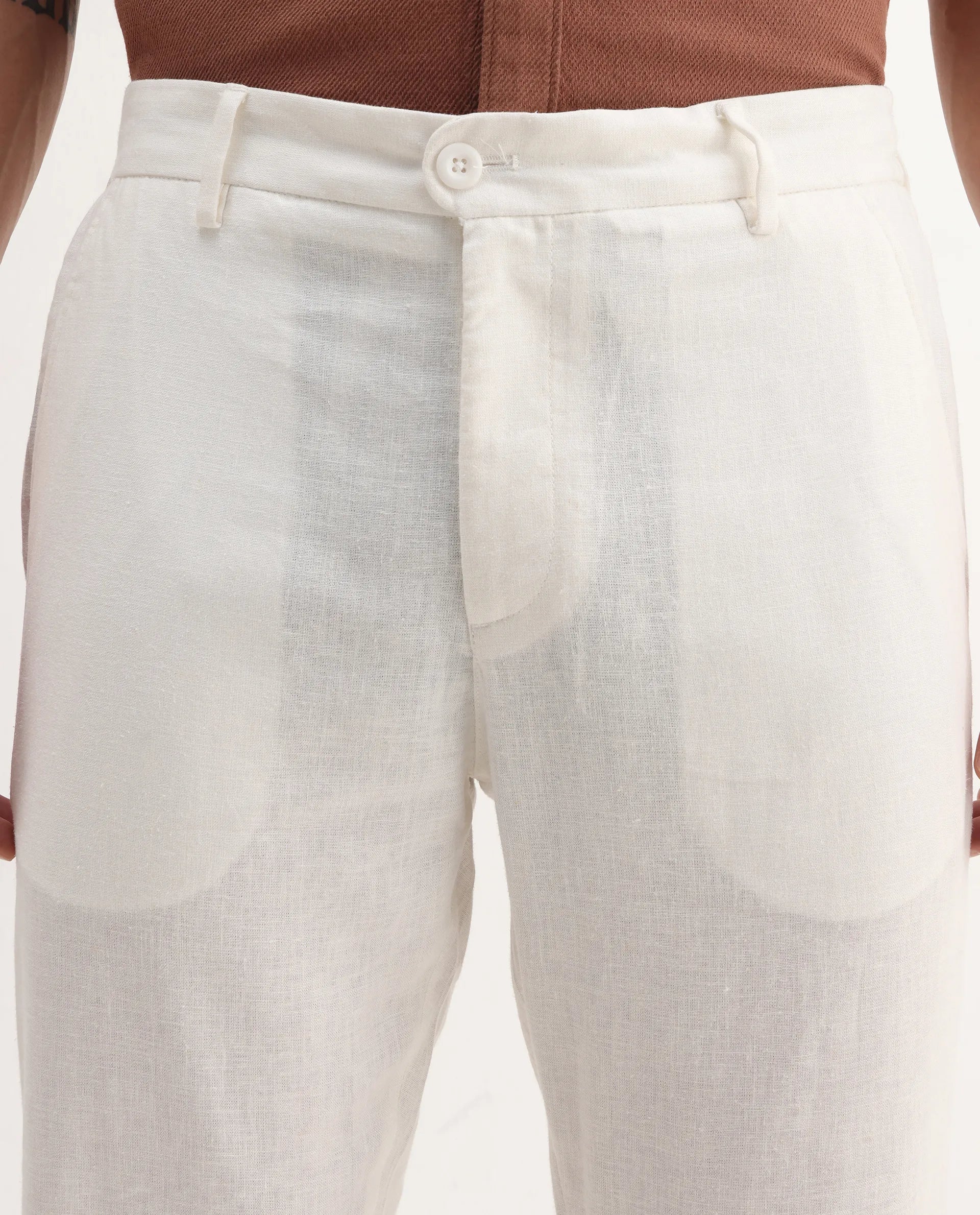 Rare Rabbit Men's Jomo-B White Linen Blend Plain Regular Fit Trouser