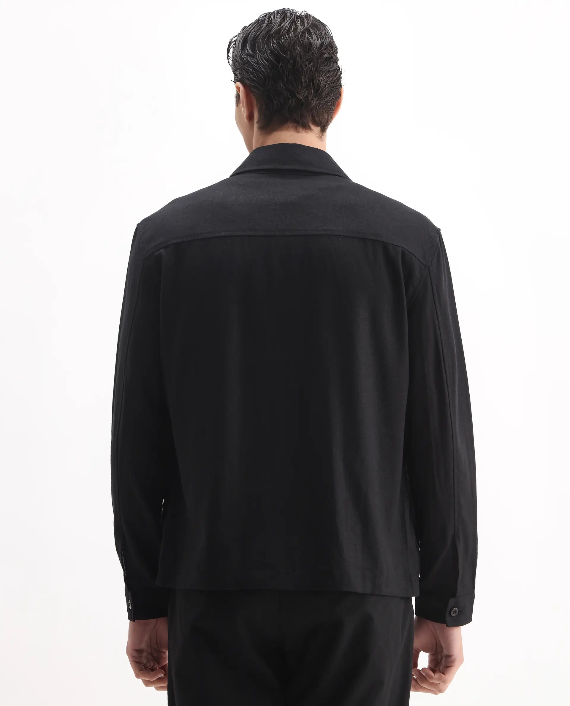Rare Rabbit Men's Jomo-T Black Linen Blend Plain Relaxed Fit Full Sleeve Collared Shaket