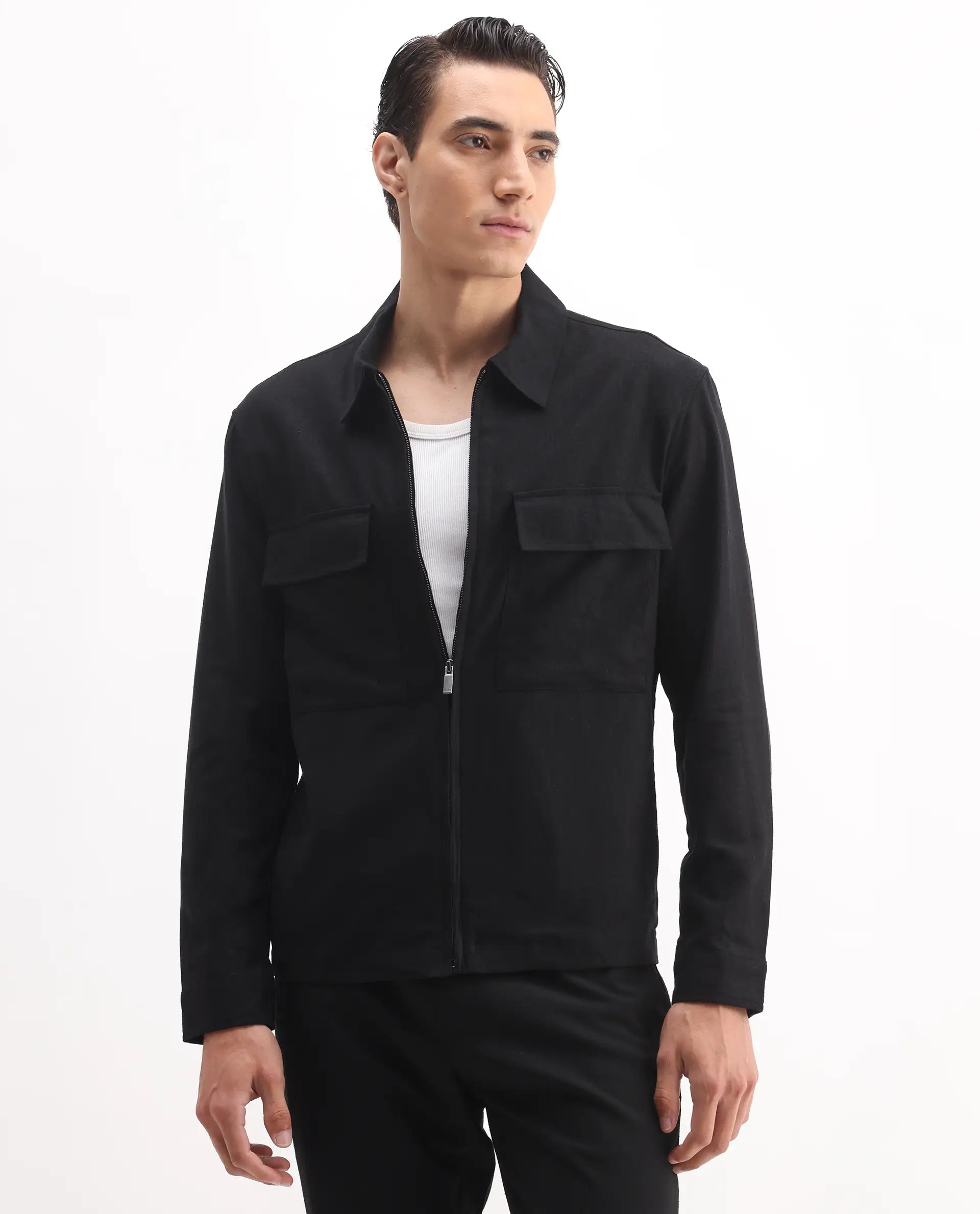 Rare Rabbit Men's Jomo-T Black Linen Blend Plain Relaxed Fit Full Sleeve Collared Shaket