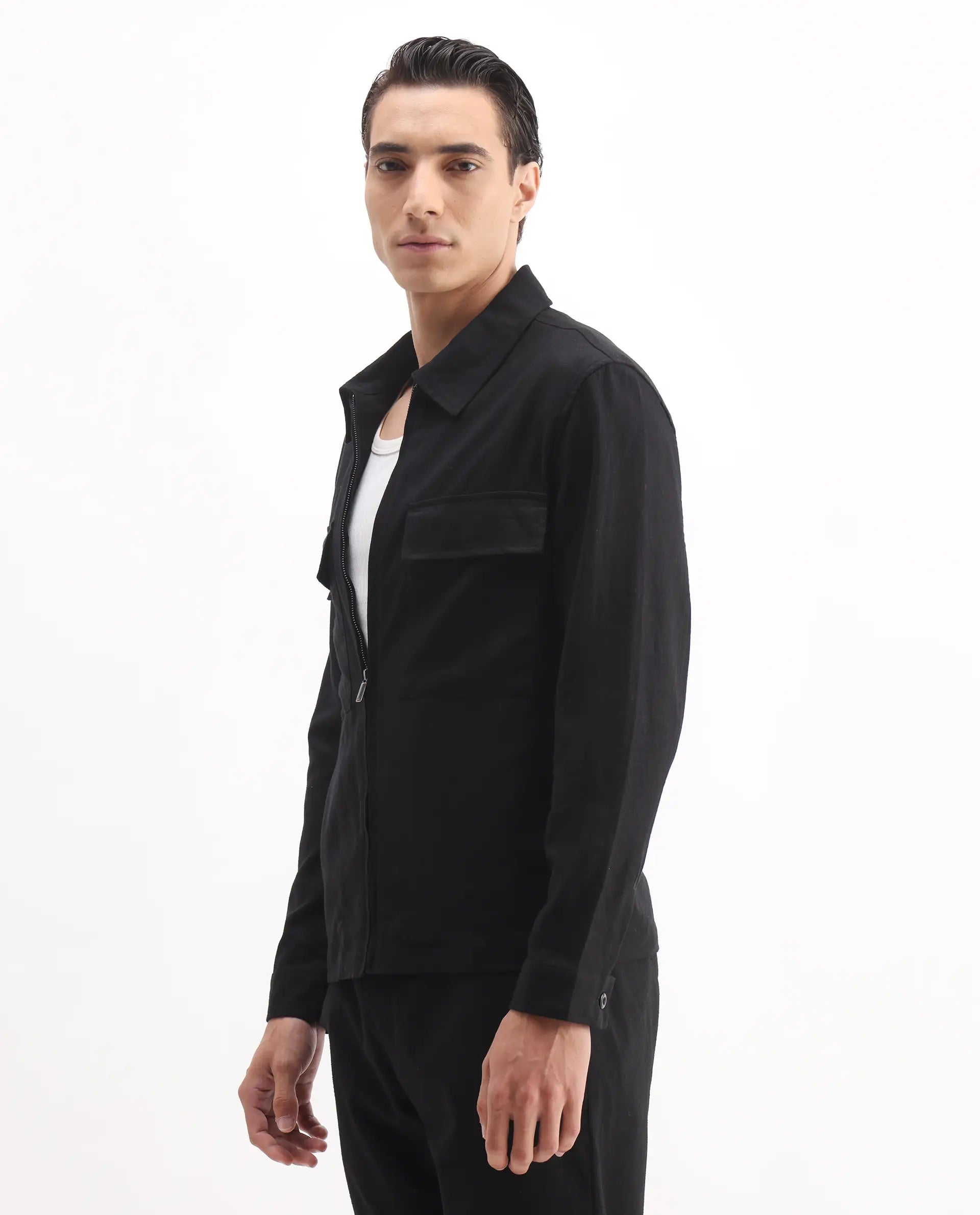 Rare Rabbit Men's Jomo-T Black Linen Blend Plain Relaxed Fit Full Sleeve Collared Shaket