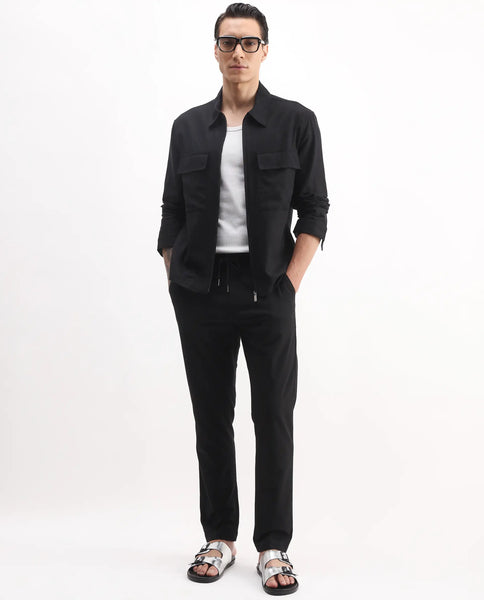 Rare Rabbit Men's Jomo-T Black Linen Blend Plain Relaxed Fit Full Slee