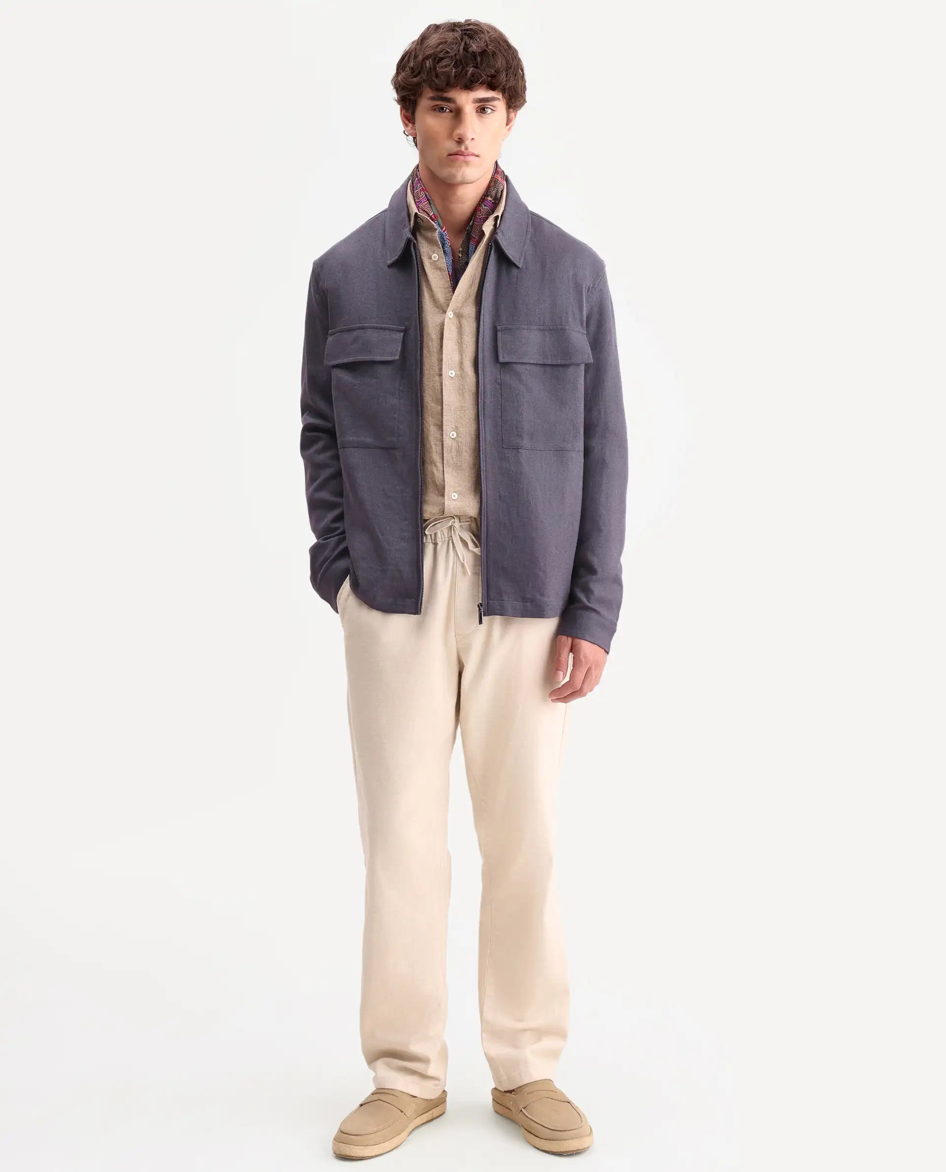 Rare Rabbit Men's Jomo-T-26 Dusky Purple Linen Blend Spread Collar Zipper Regular Plain Shacket