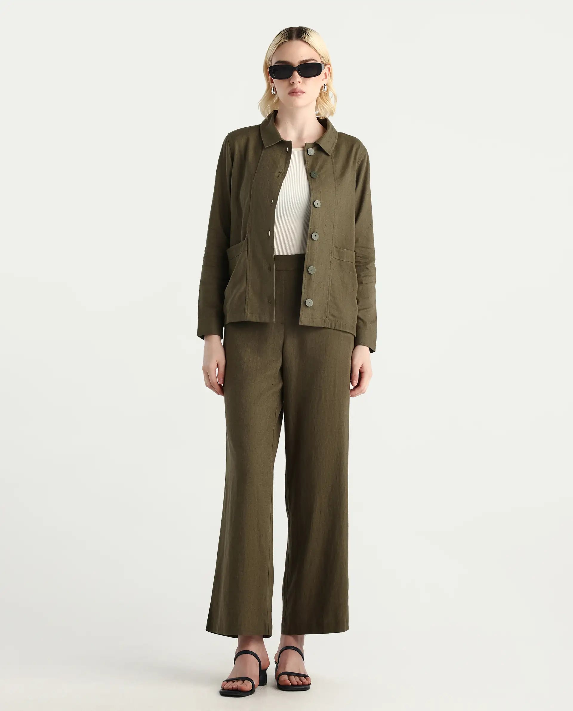 Rareism Women's Jomow-T Olive Linen Blend Collared Neck Regular Plain Shacket
