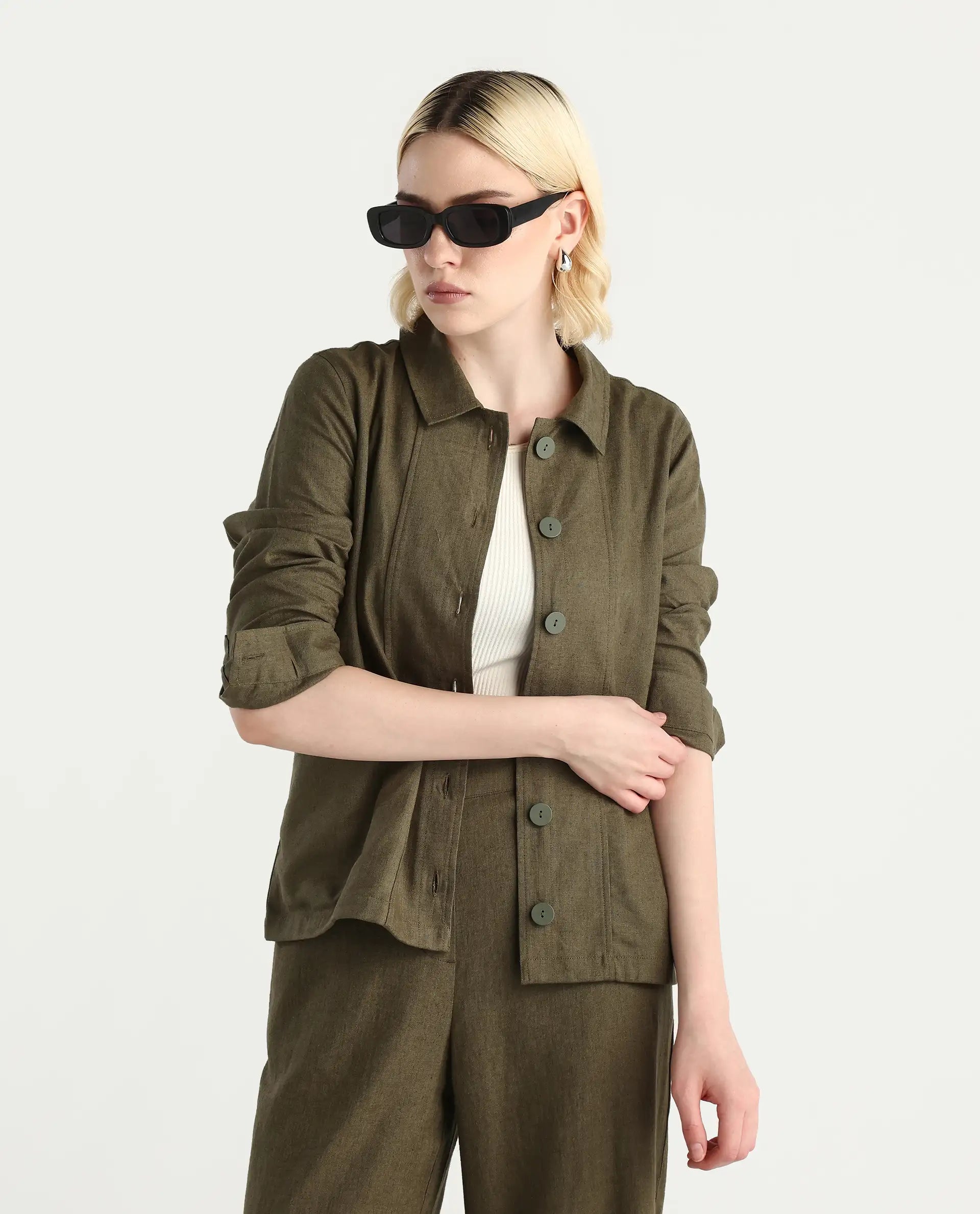 Rareism Women's Jomow-T Olive Linen Blend Collared Neck Regular Plain Shacket