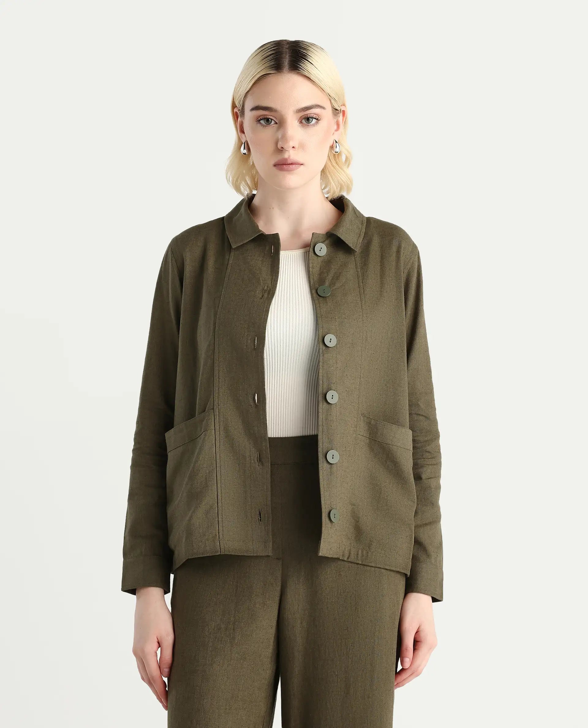 Rareism Women's Jomow-T Olive Linen Blend Collared Neck Regular Plain Shacket