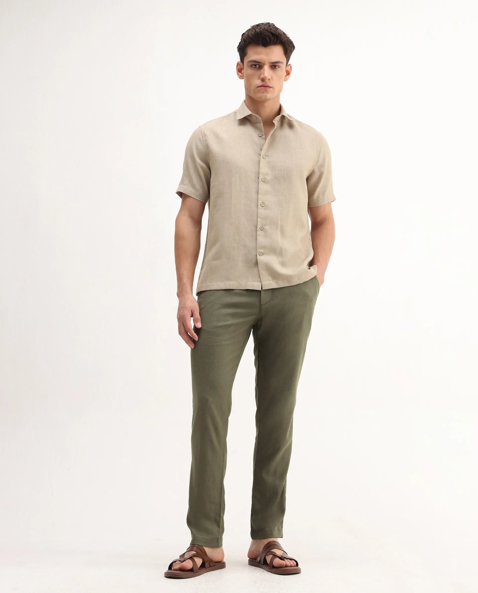 Rare Rabbit Men's Jomo-B Olive Linen Blend Plain Regular Fit Trouser