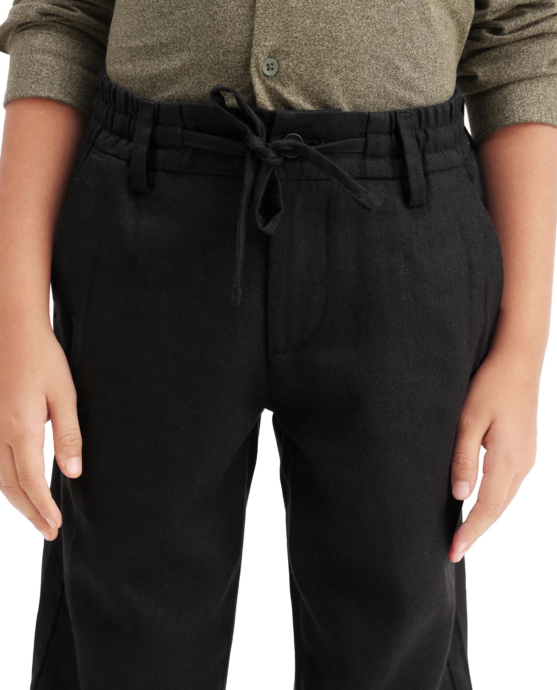Rare Ones Kids Jomok-B Black Linen Blend Plain Button Closure Regular Fit Trouser