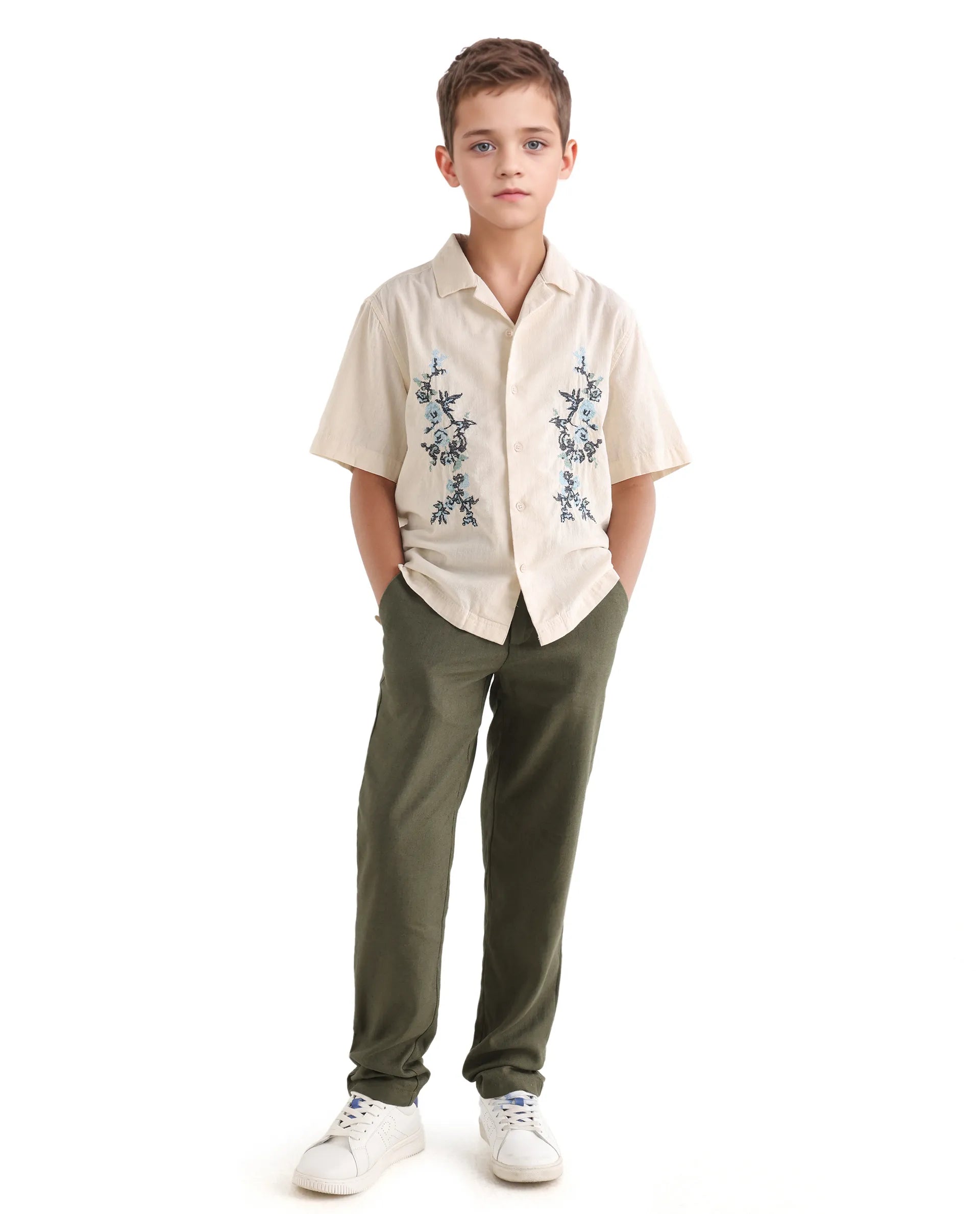 Rare Ones Kids Jomok-B Olive Linen Blend Solid Drawstring Closure Regular Fit Trouser