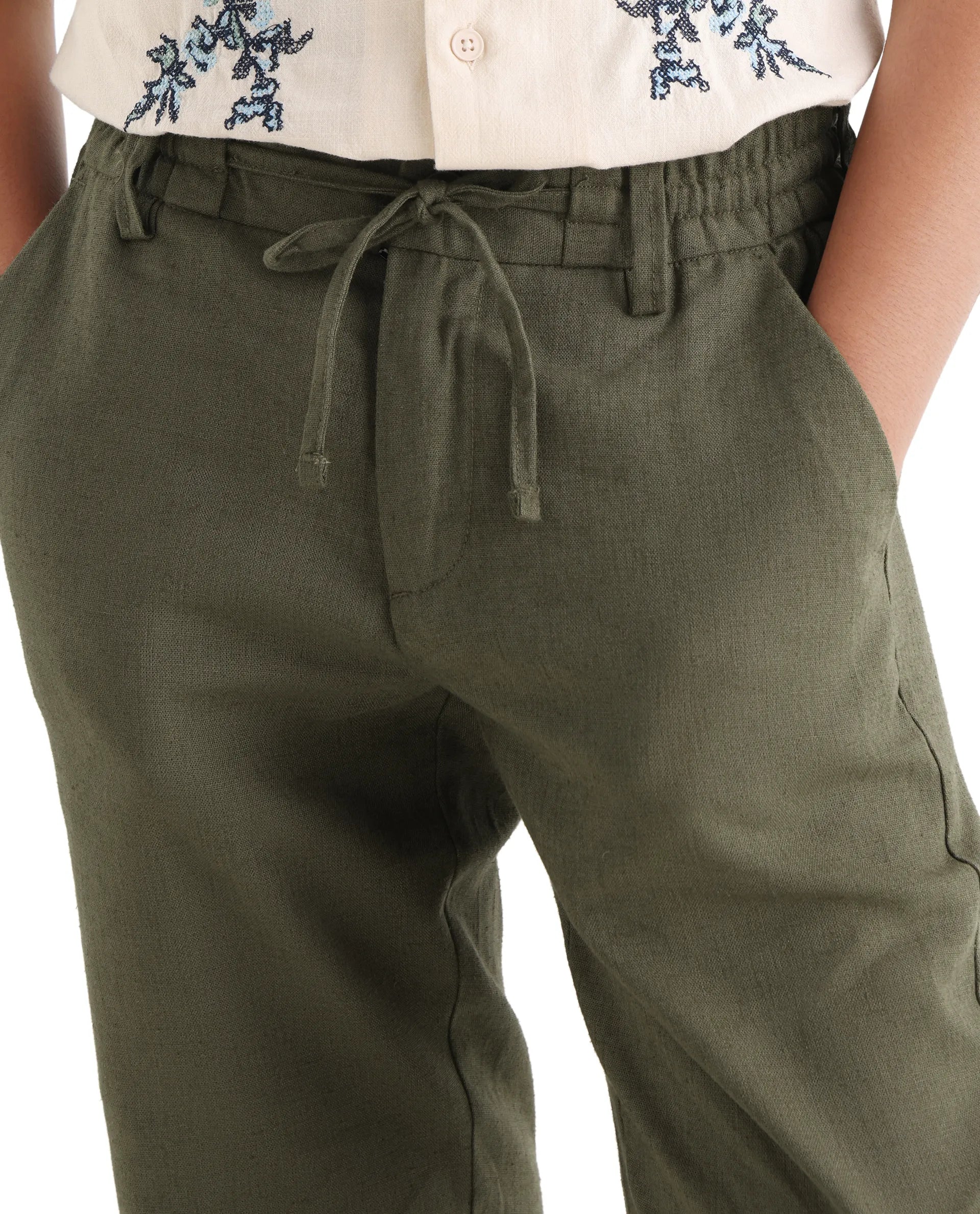 Rare Ones Kids Jomok-B Olive Linen Blend Solid Drawstring Closure Regular Fit Trouser