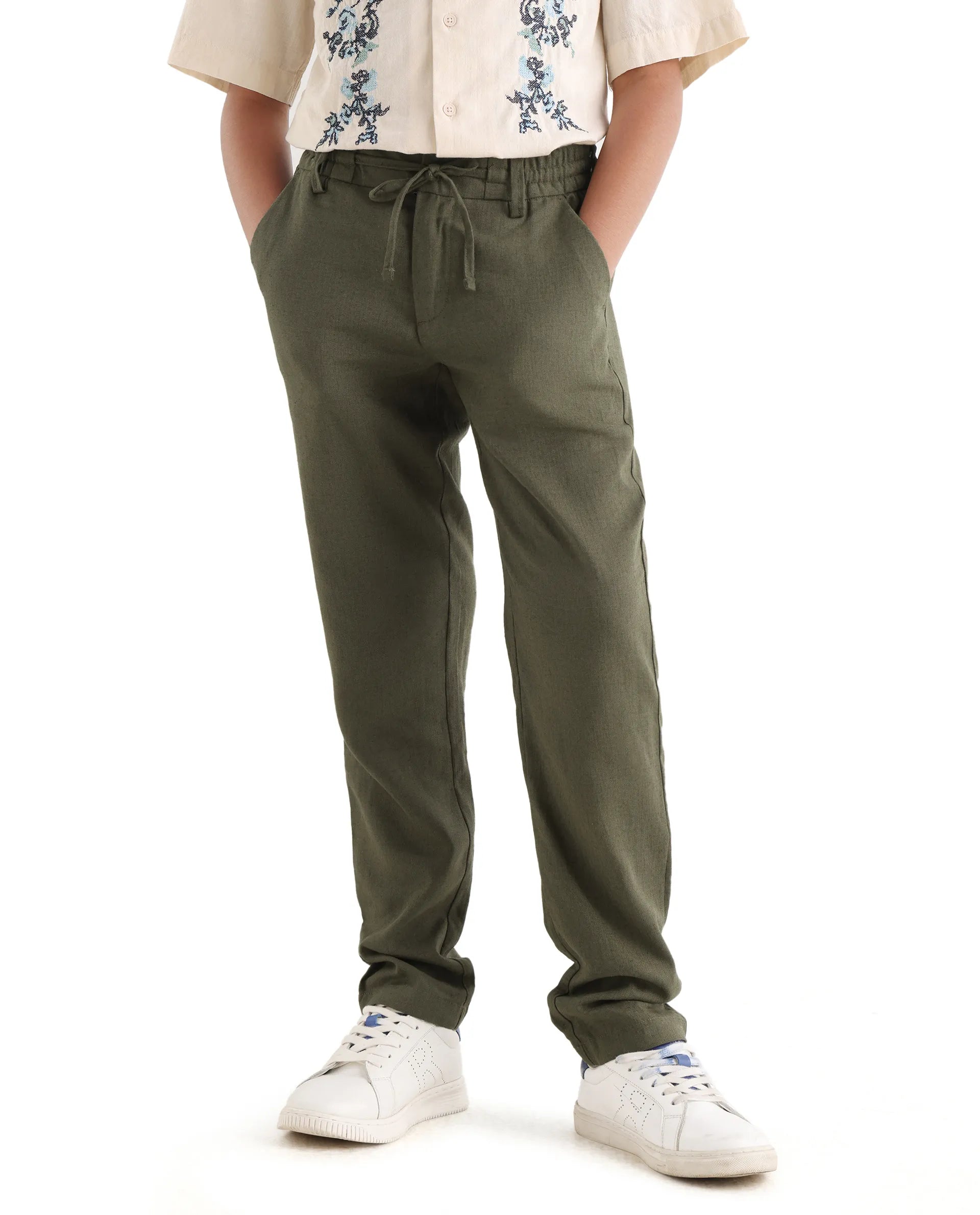 Rare Ones Kids Jomok-B Olive Linen Blend Solid Drawstring Closure Regular Fit Trouser