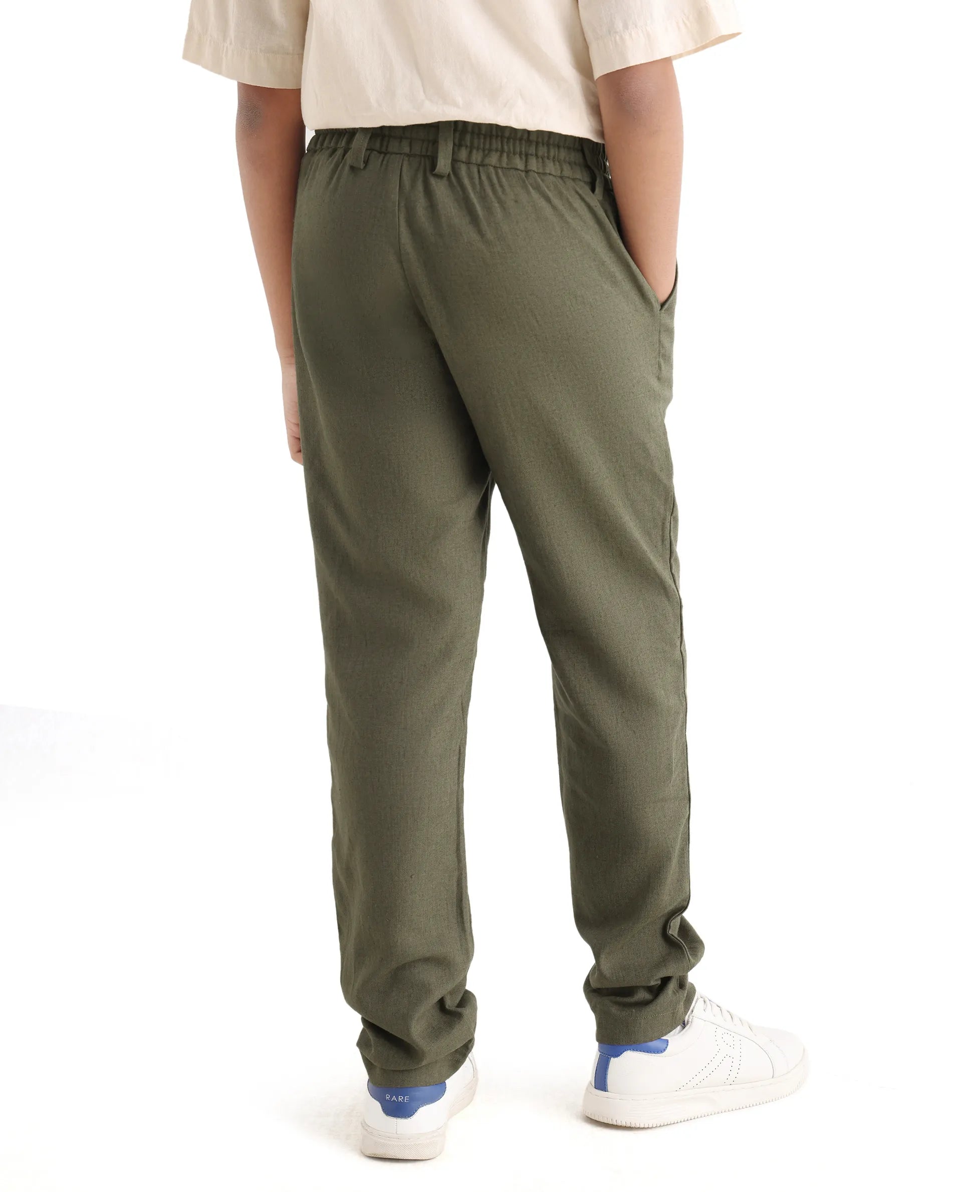 Rare Ones Kids Jomok-B Olive Linen Blend Solid Drawstring Closure Regular Fit Trouser
