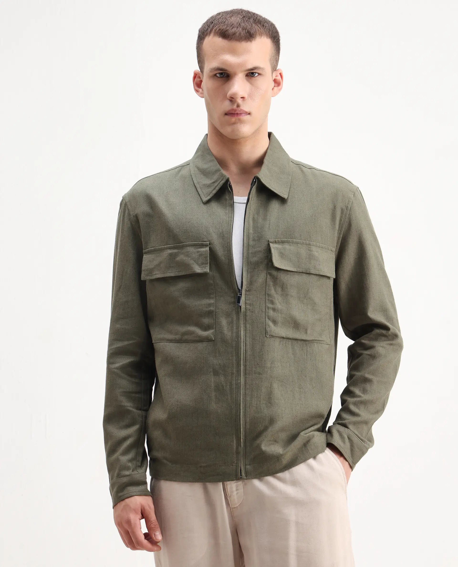 Rare Rabbit Men's Jomo-T Olive Linen Blend Plain Relaxed Fit Full Sleeve Collared Shaket