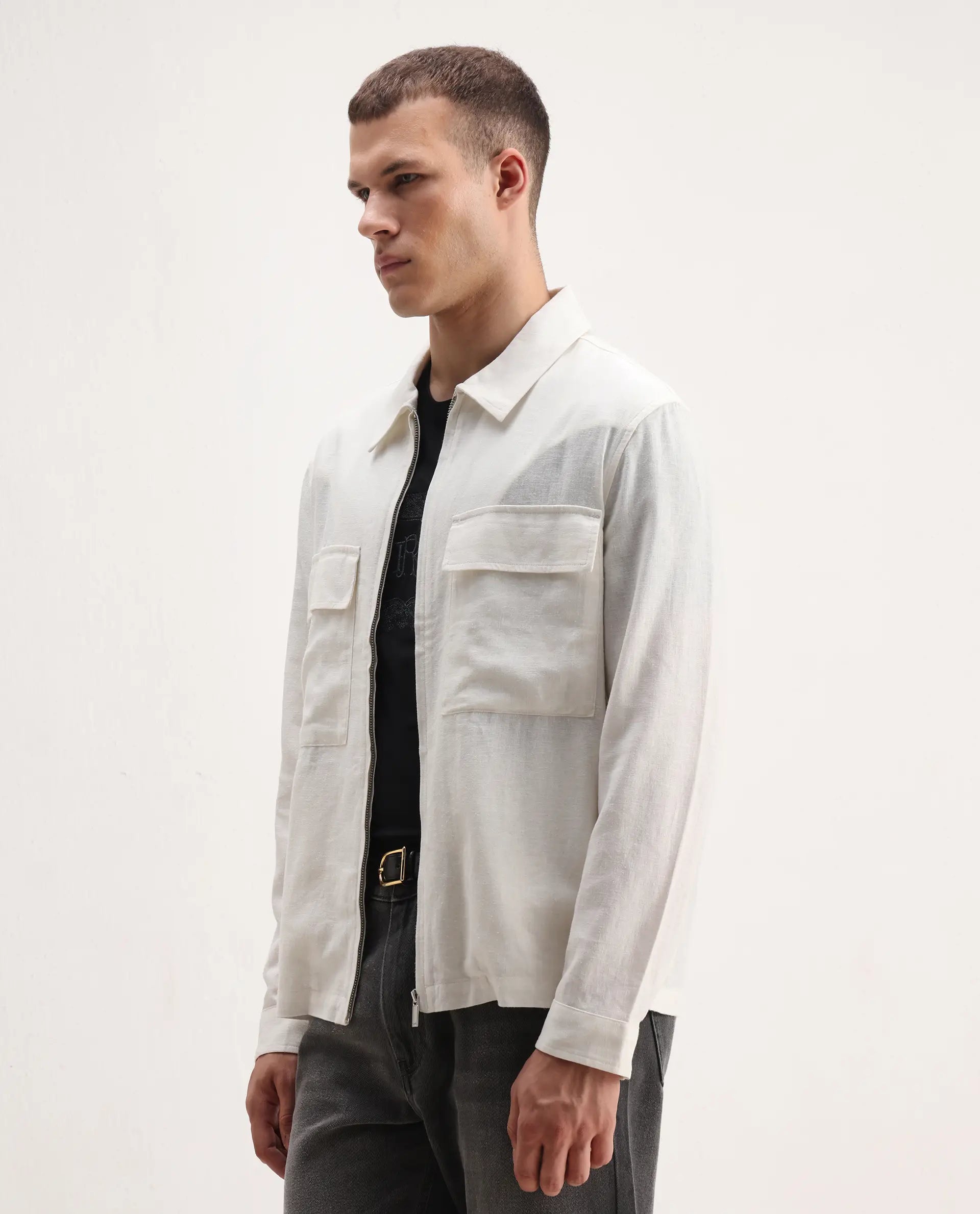 Rare Rabbit Men's Jomo-T White Linen Blend Plain Relaxed Fit Full Sleeve Collared Shaket