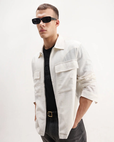 Rare Rabbit Men's Jomo-T White Linen Blend Plain Relaxed Fit Full Slee