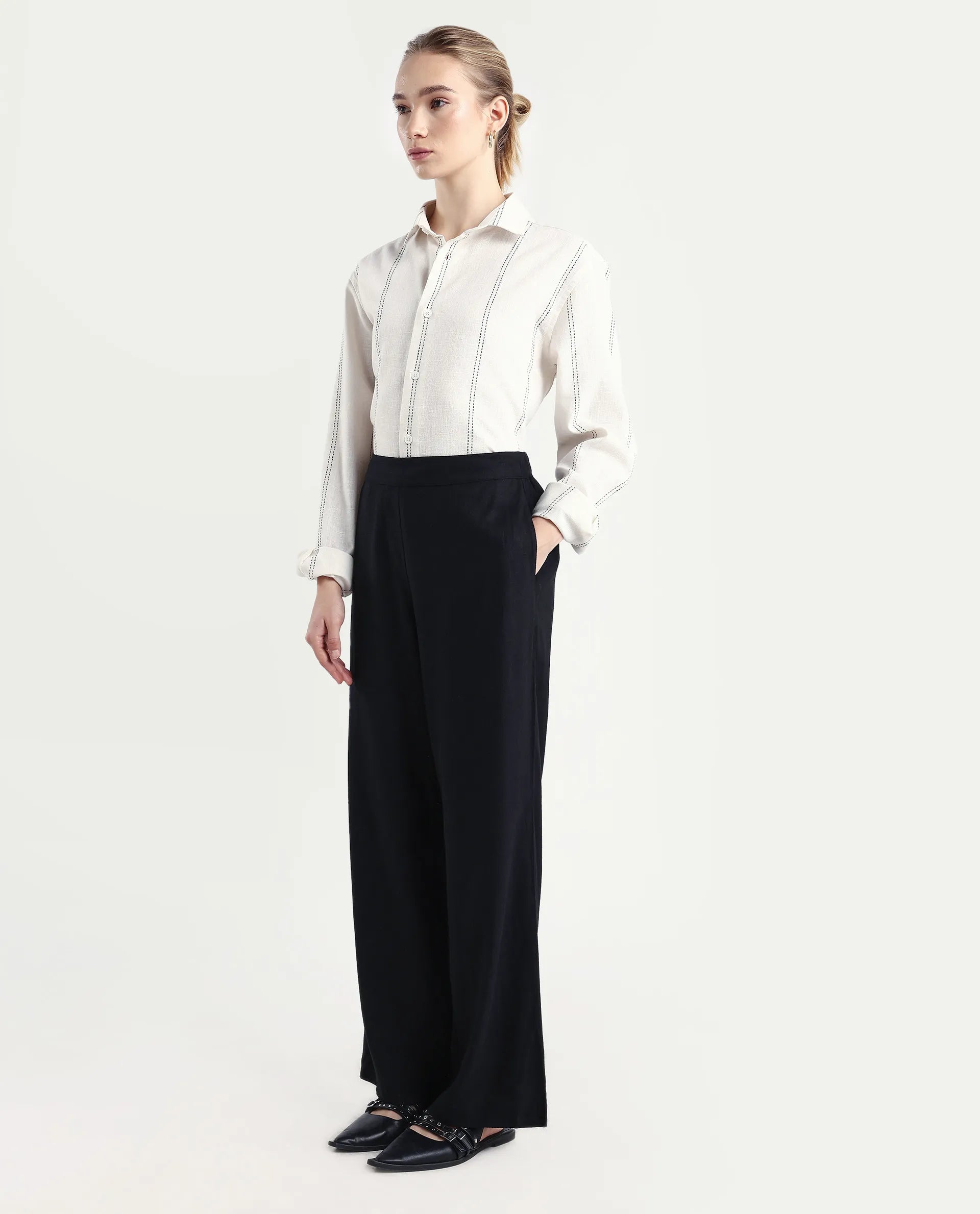 Rareism Women's Jomow-B Black Linen Blend Regular Fit Trouser