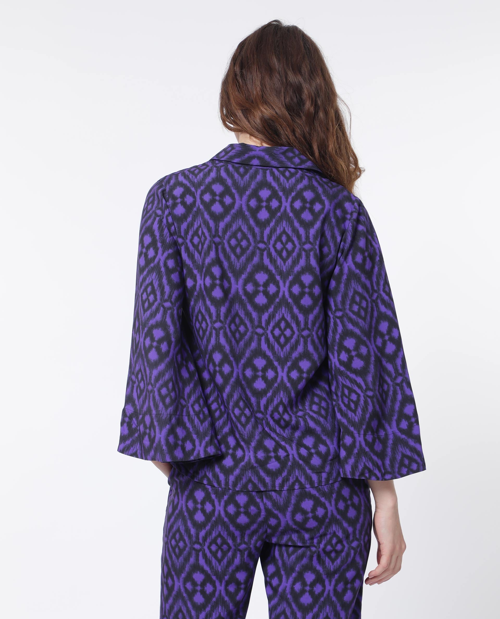 Rareism Women Jones Dark Navy Viscose Fabric Full Sleeves Shirt Collar Flared Sleeve Relaxed Fit Geometric Print Boxy Top