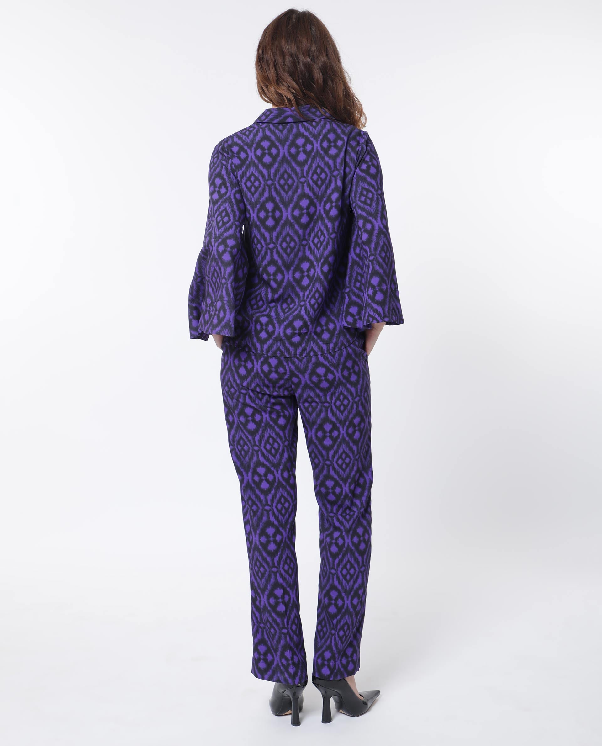 Rareism Women Jones Dark Navy Viscose Fabric Full Sleeves Shirt Collar Flared Sleeve Relaxed Fit Geometric Print Boxy Top