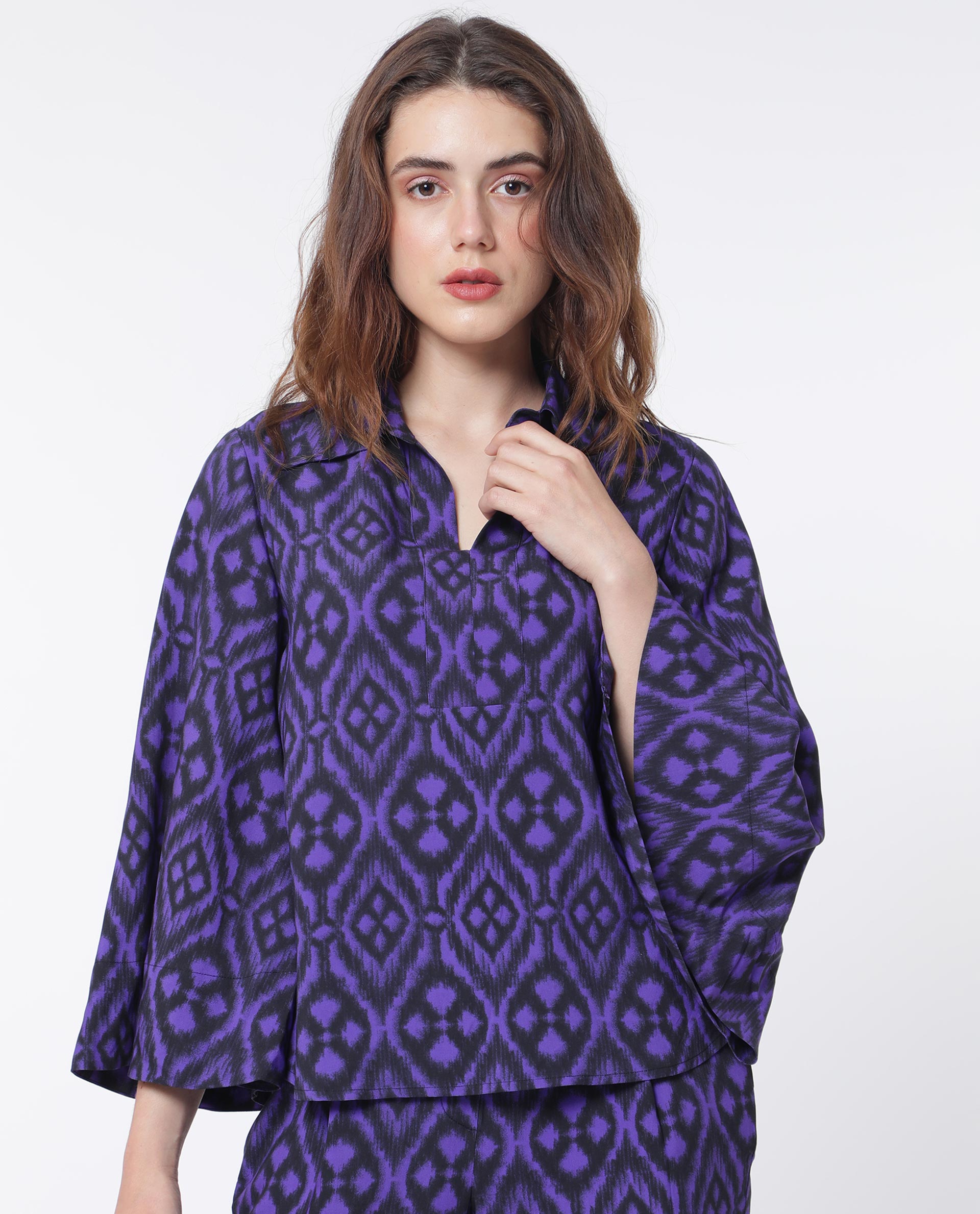 Rareism Women Jones Dark Navy Viscose Fabric Full Sleeves Shirt Collar Flared Sleeve Relaxed Fit Geometric Print Boxy Top
