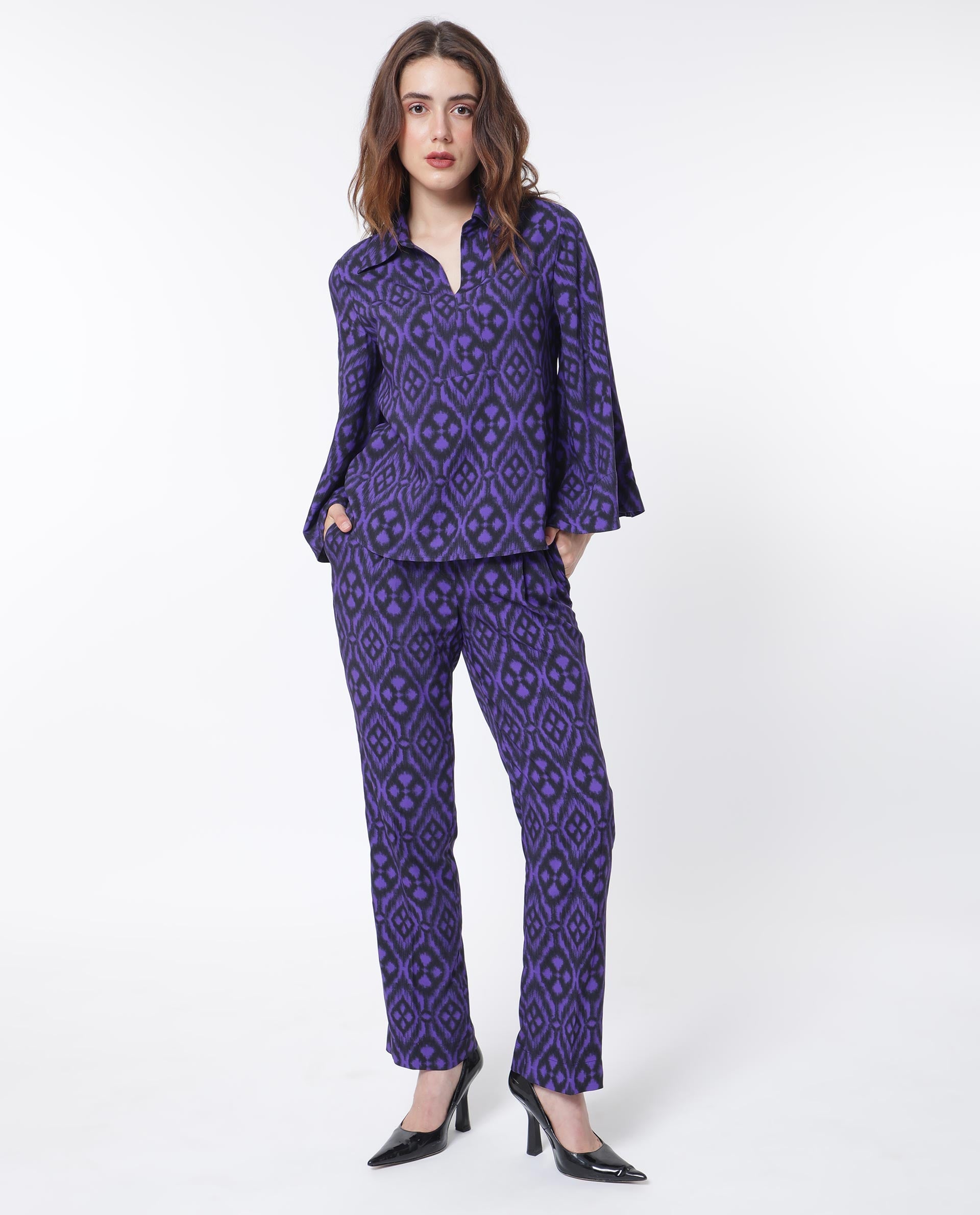 Rareism Women Jones Dark Navy Viscose Fabric Full Sleeves Shirt Collar Flared Sleeve Relaxed Fit Geometric Print Boxy Top