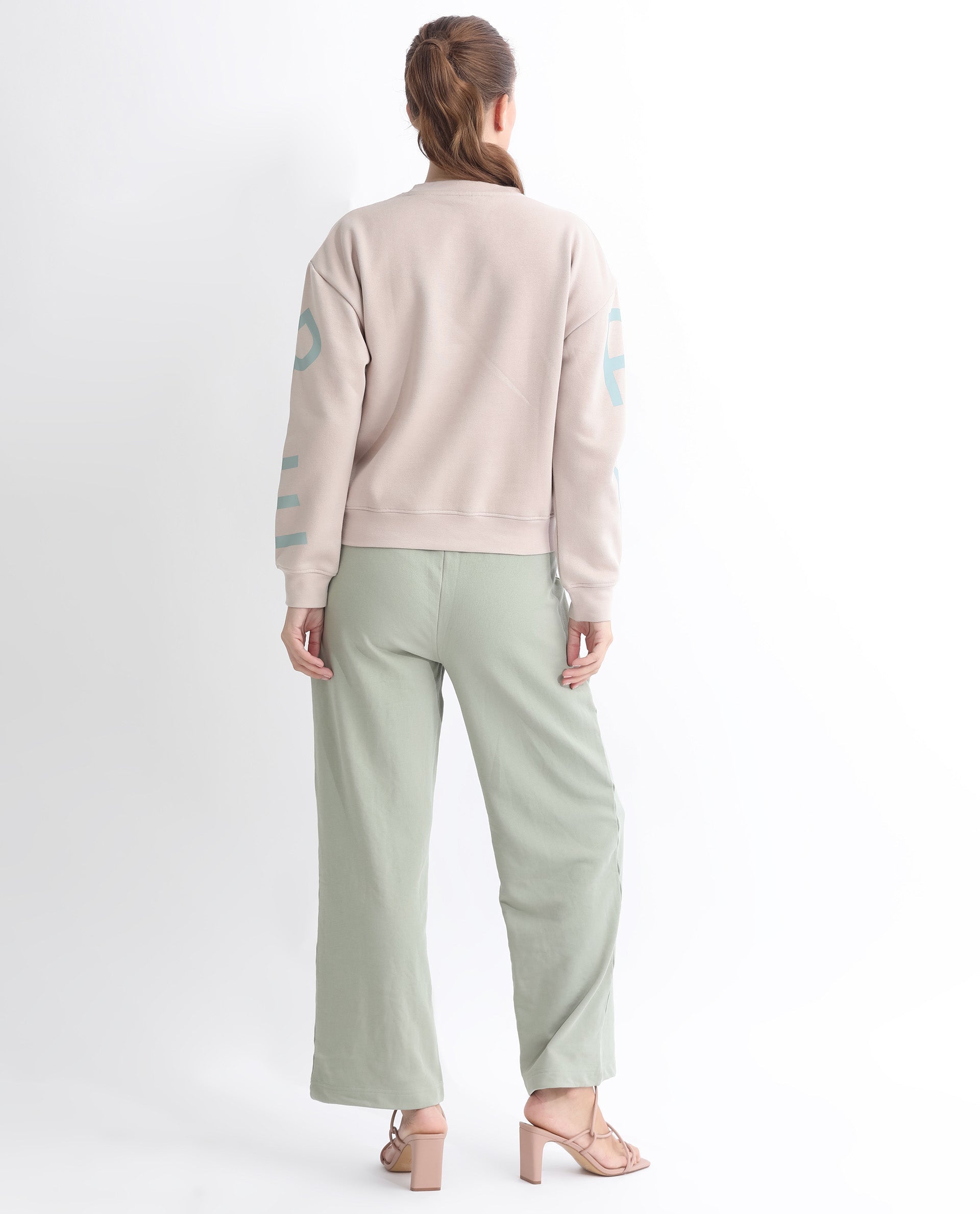 Rareism Articale Women Joni Beige Poly Cotton Fabric Full Sleeves Crew Neck Regular Fit Graphic Print Sweatshirt