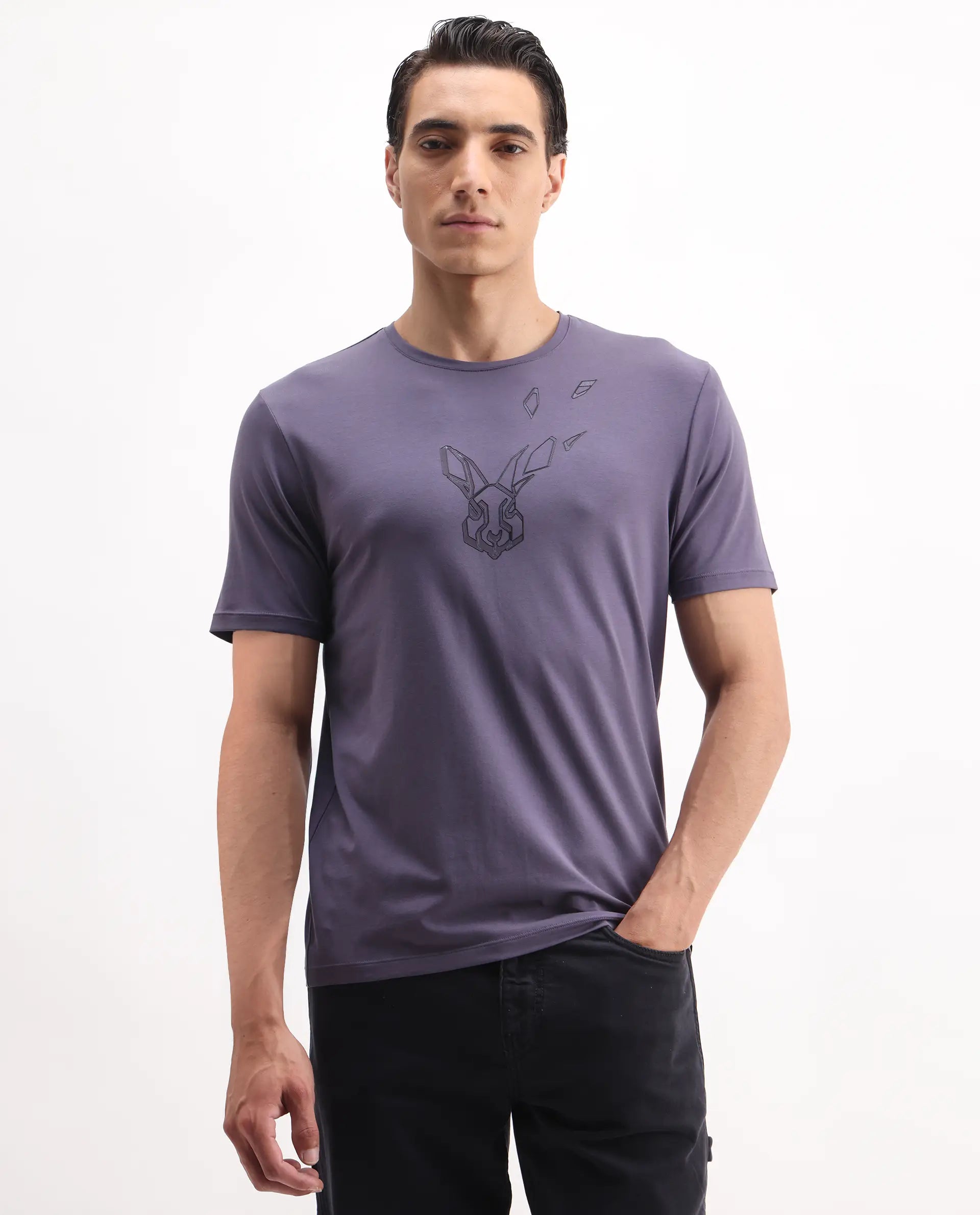 Rare Rabbit Men's Joon Dusky Purple Cotton Blend Graphic Print Regular Fit Half Sleeve Crew Neck T-Shirt