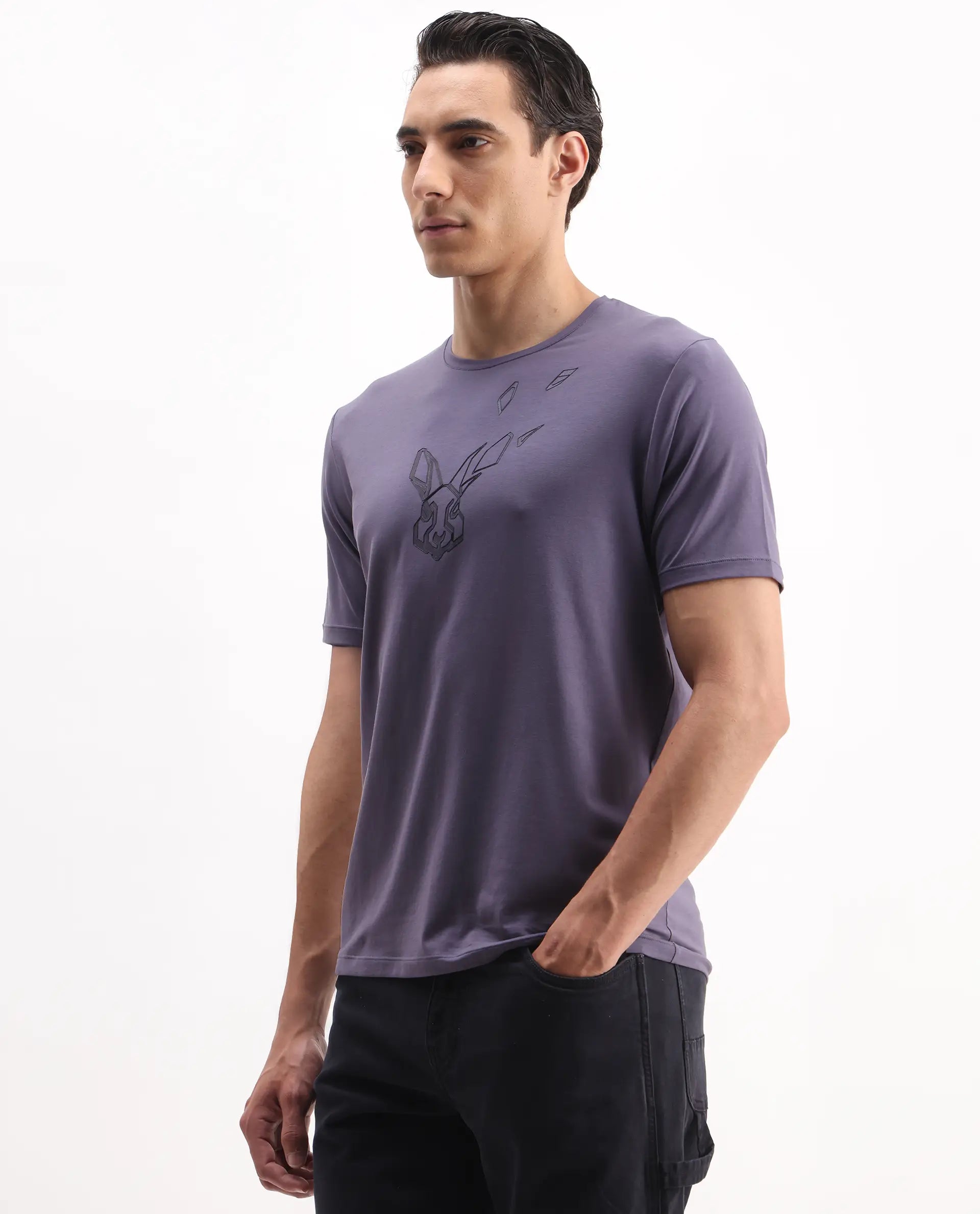 Rare Rabbit Men's Joon Dusky Purple Cotton Blend Graphic Print Regular Fit Half Sleeve Crew Neck T-Shirt
