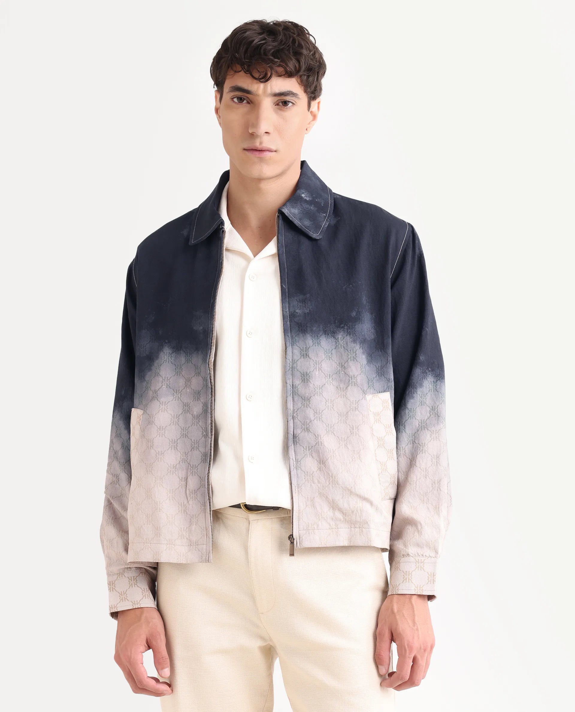 Rare Rabbit Men's Jopy Navy Viscose Blend Fabric Spread Collar Regular Fit Ombre Print Jacket