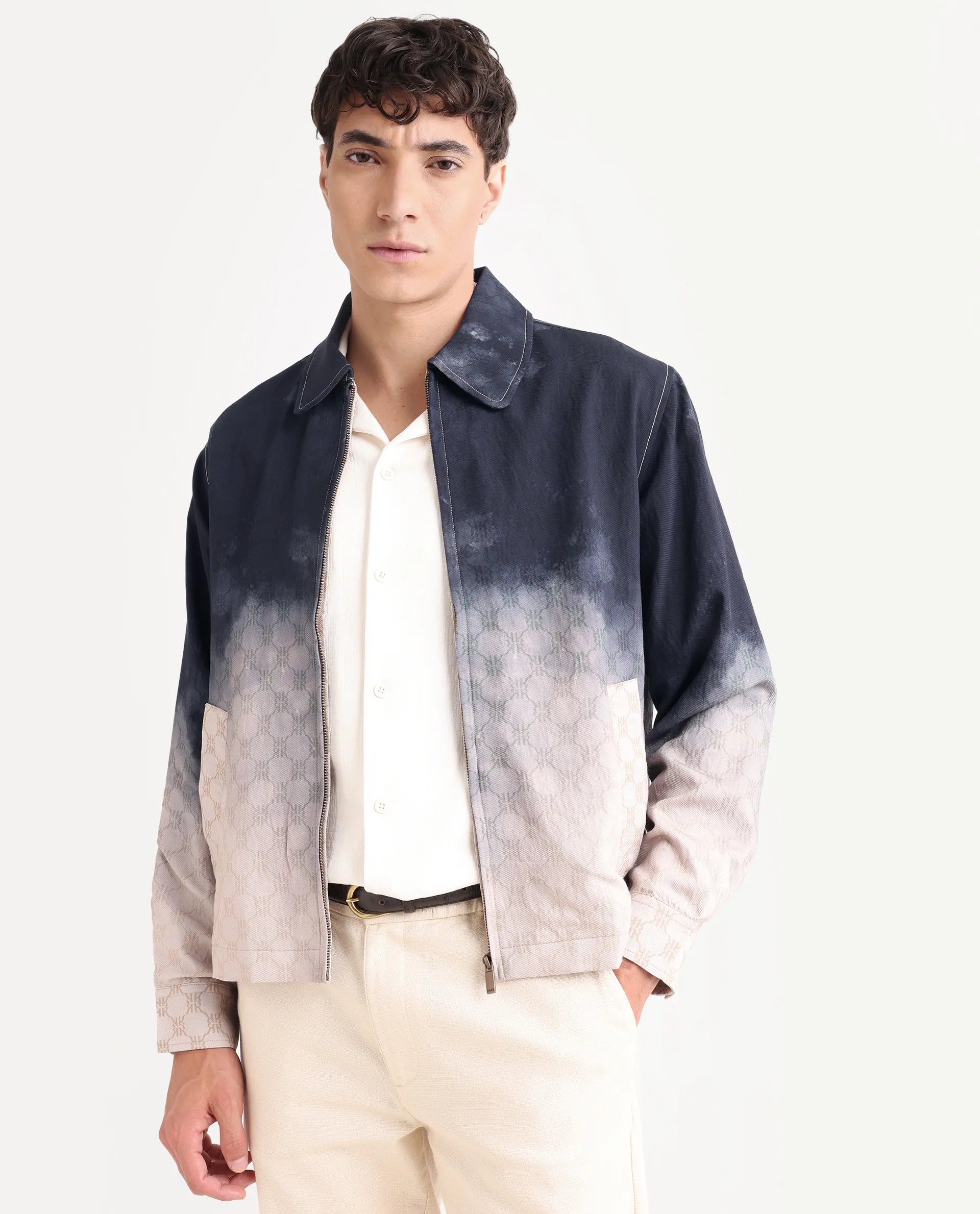 Rare Rabbit Men's Jopy Navy Viscose Blend Fabric Spread Collar Regular Fit Ombre Print Jacket