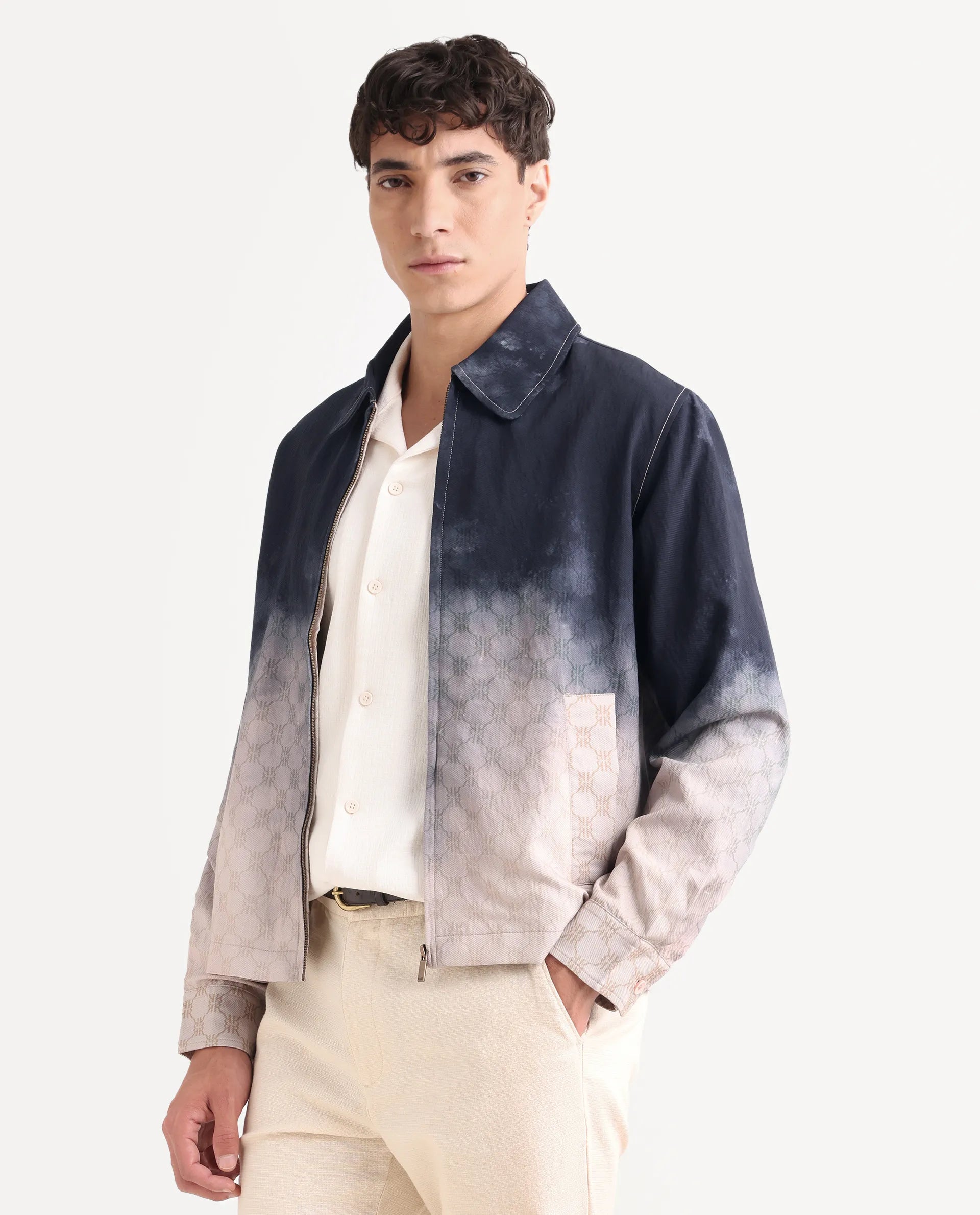 Rare Rabbit Men's Jopy Navy Viscose Blend Fabric Spread Collar Regular Fit Ombre Print Jacket
