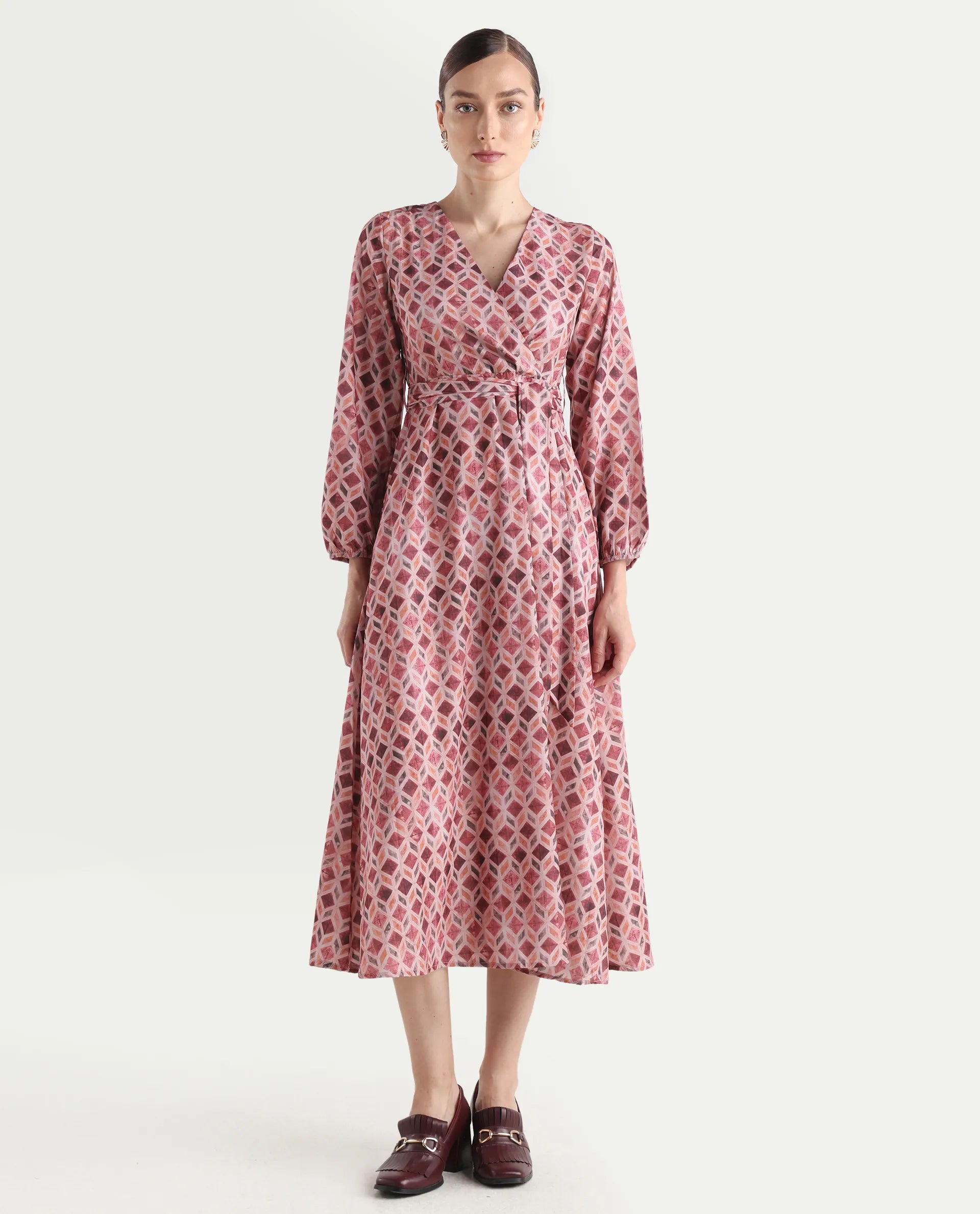 Rareism Women's Jorci Multi Polyester Overlap Neck Geometric Print Bishop Sleeve Maxi Fit And Flare Dress