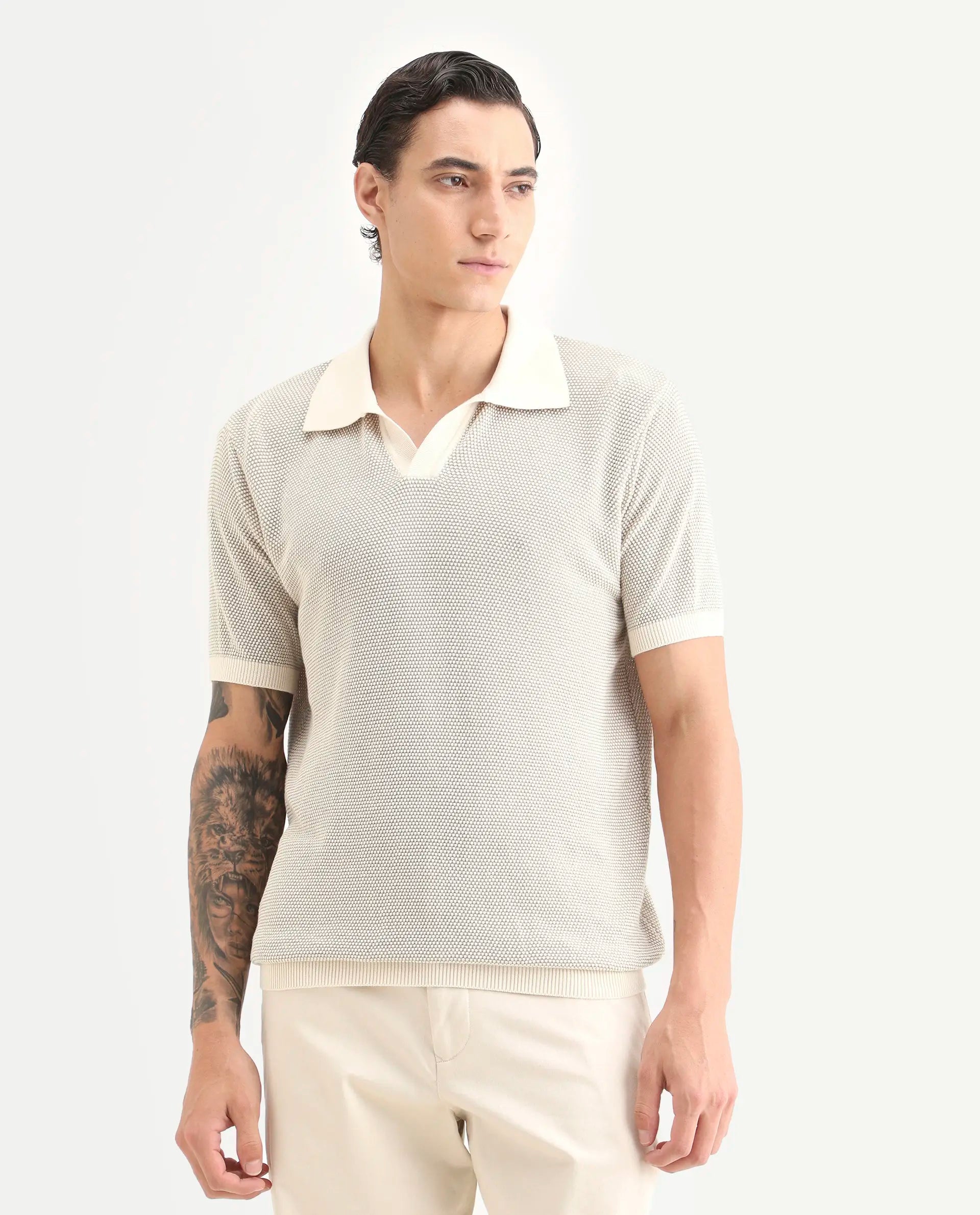 Rare Rabbit Men's Jordan Khaki Cotton Fabric Half Sleeve Regular Fit Textured Polo