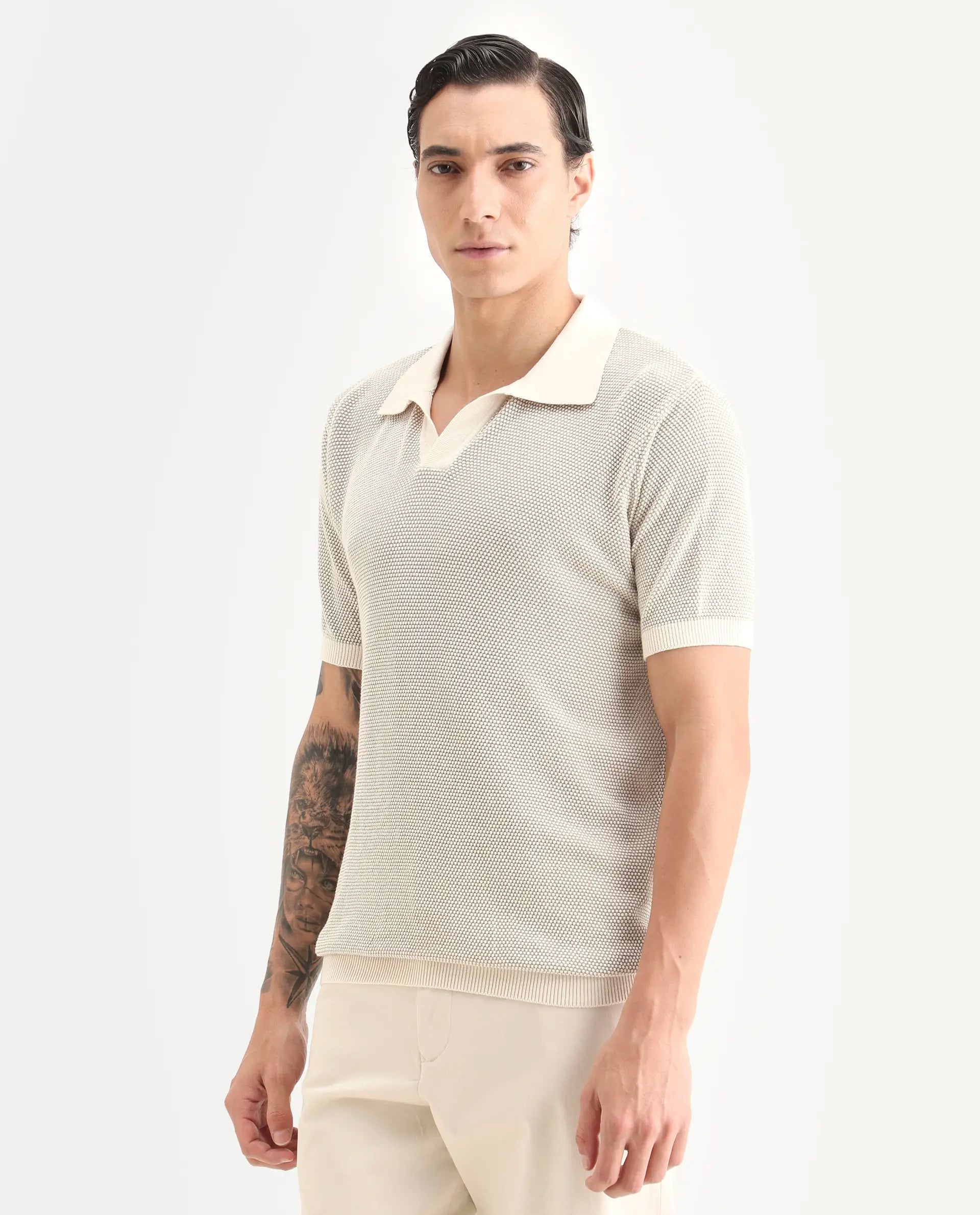 Rare Rabbit Men's Jordan Khaki Cotton Fabric Half Sleeve Regular Fit Textured Polo