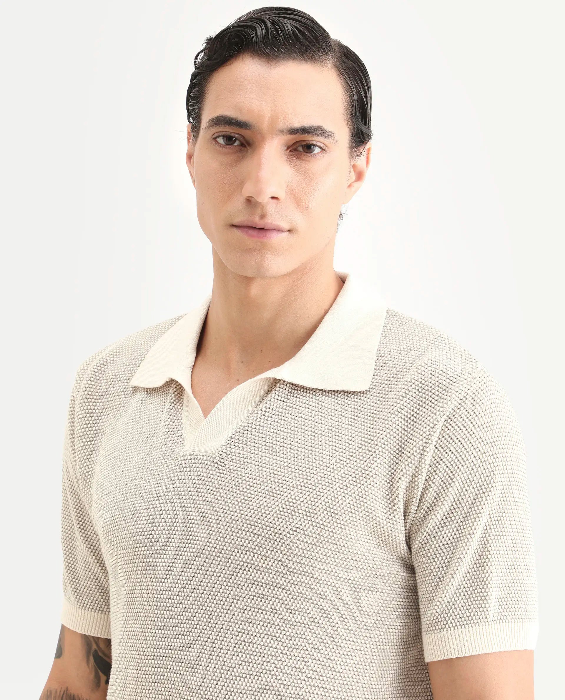 Rare Rabbit Men's Jordan Khaki Cotton Fabric Half Sleeve Regular Fit Textured Polo