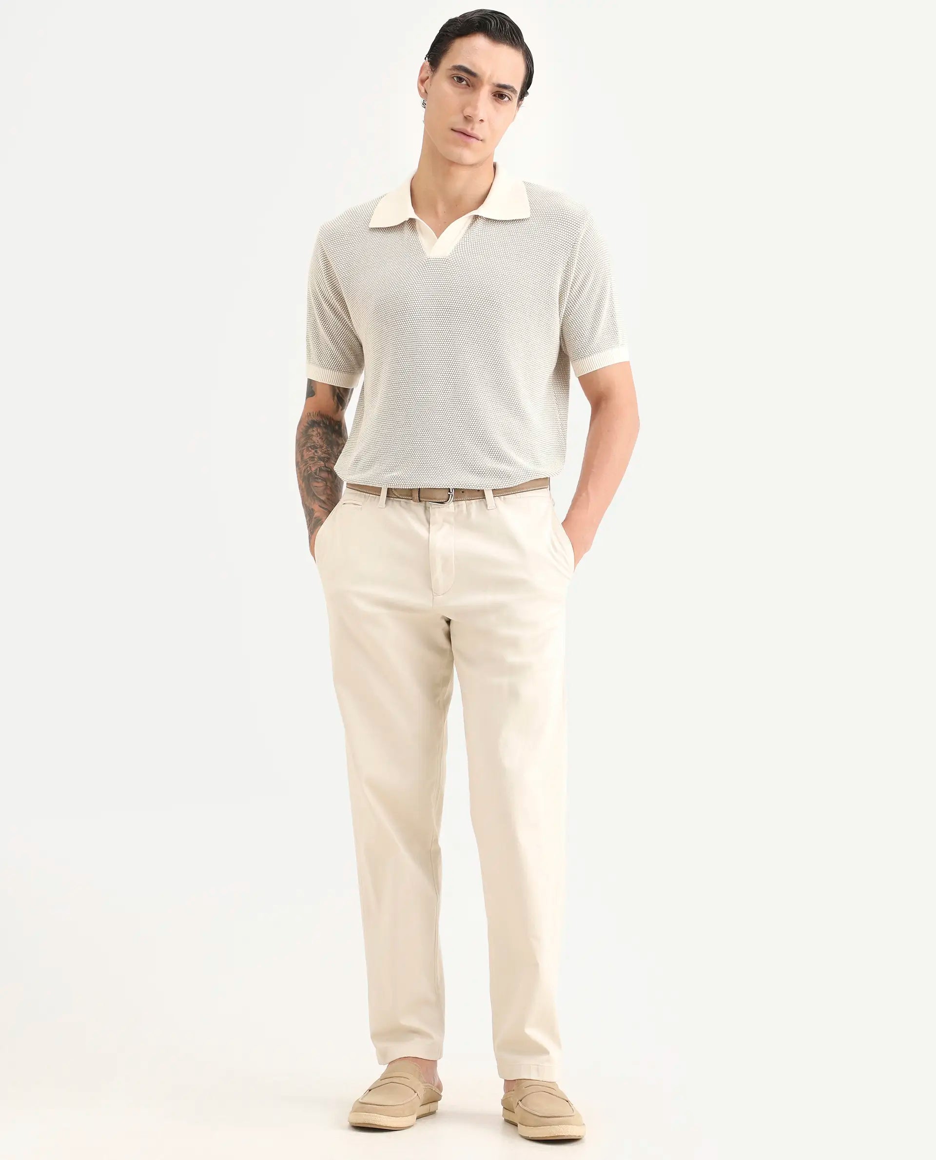 Rare Rabbit Men's Jordan Khaki Cotton Fabric Half Sleeve Regular Fit Textured Polo